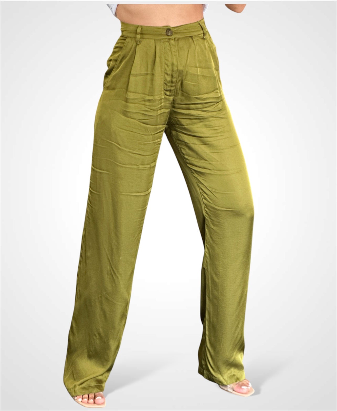 PLEATED POCKET DETAIL STRAIGHT SATIN PANTS