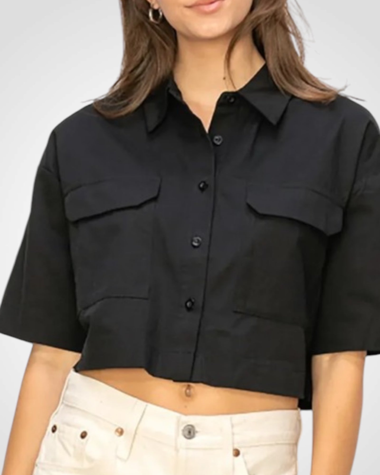 COTTON COLLARED SHORT SLEEVES BUTTON UP CROP TOP