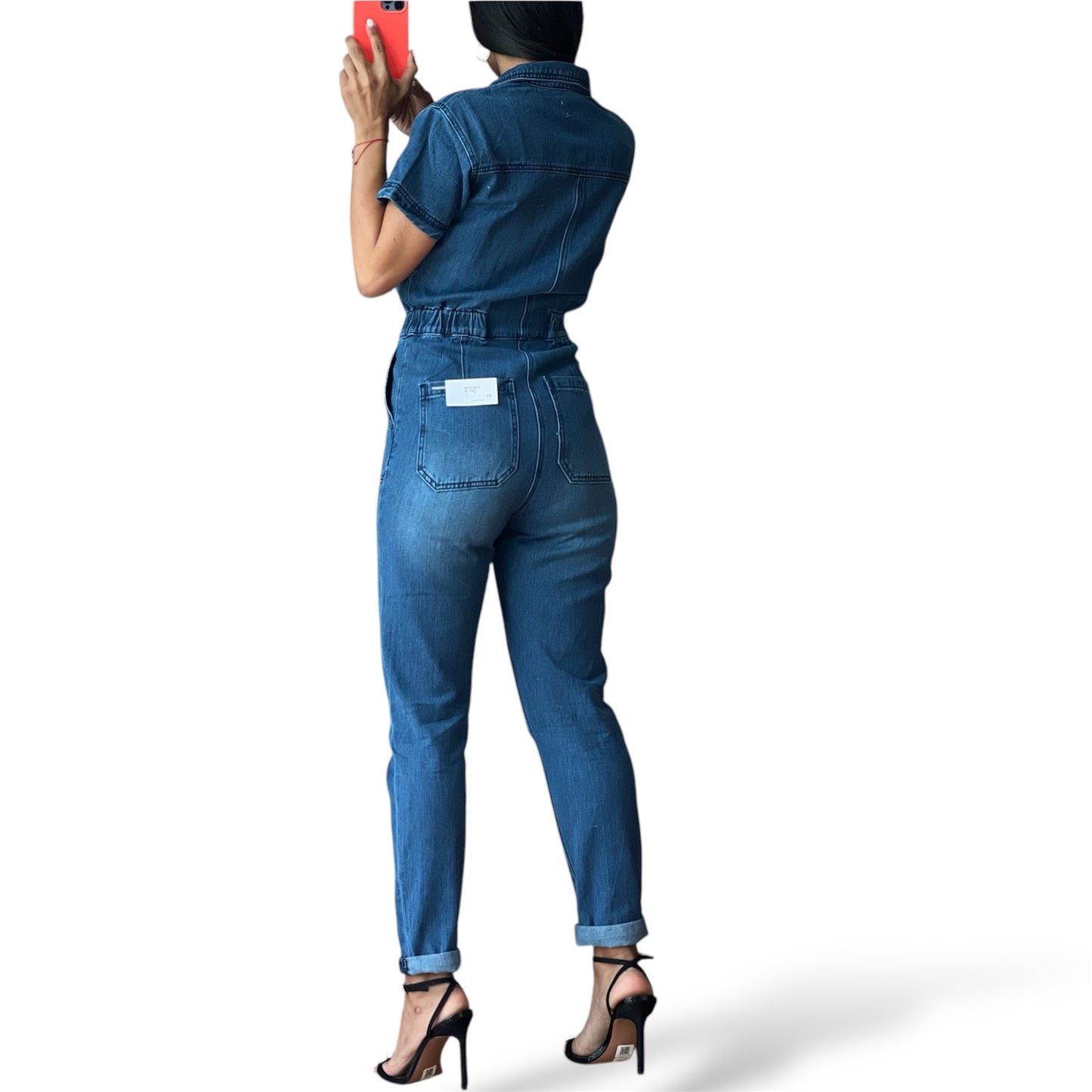 Collared Button Front Denim Jumpsuit