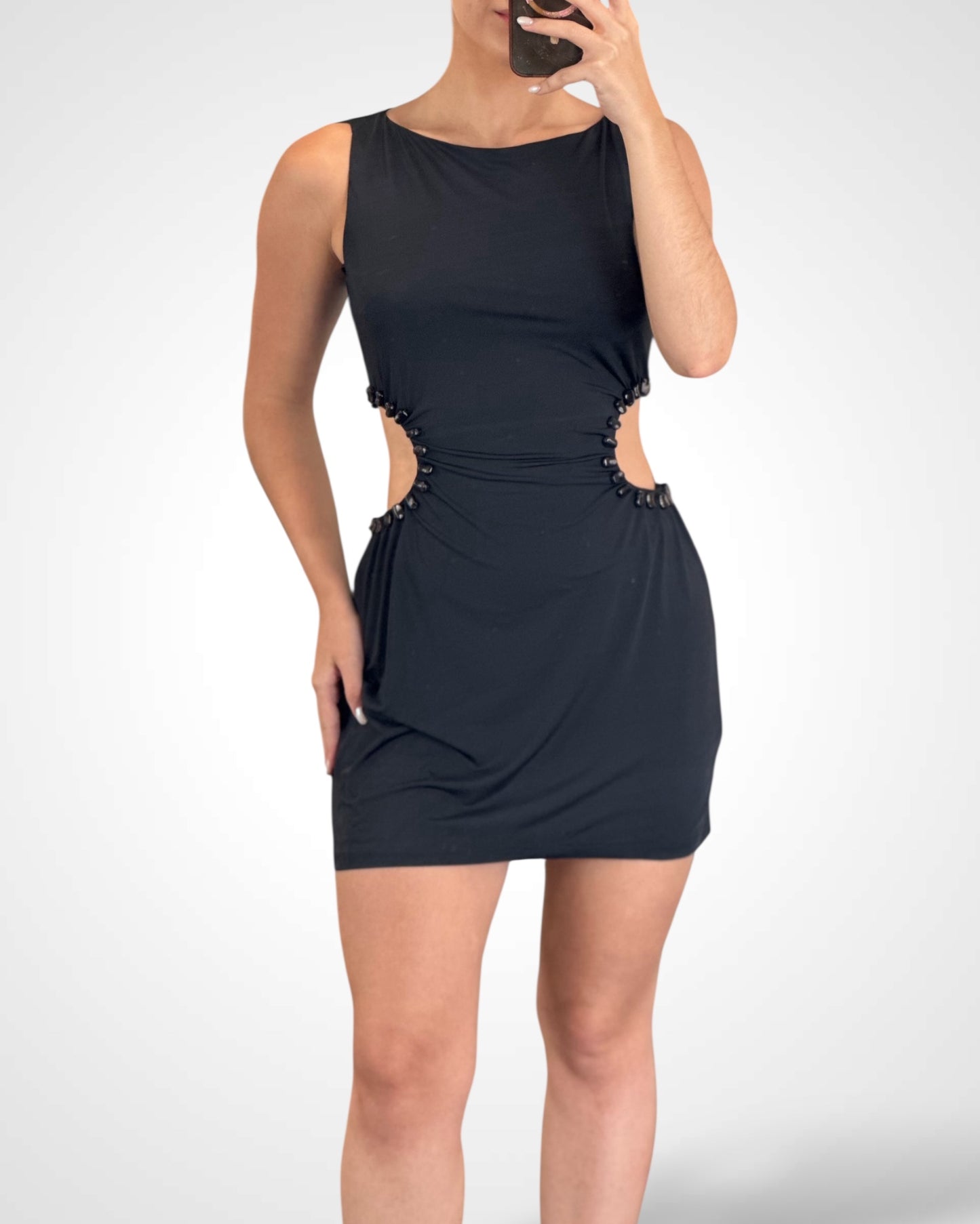 BLACK SIDE CUTOUT STONE EMBELISHMENT A-LINE MINI DRESS