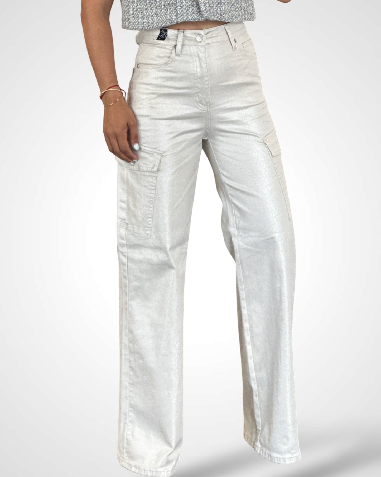 GLITTER HIGH-RISE CARGO WIDE LEG JEANS