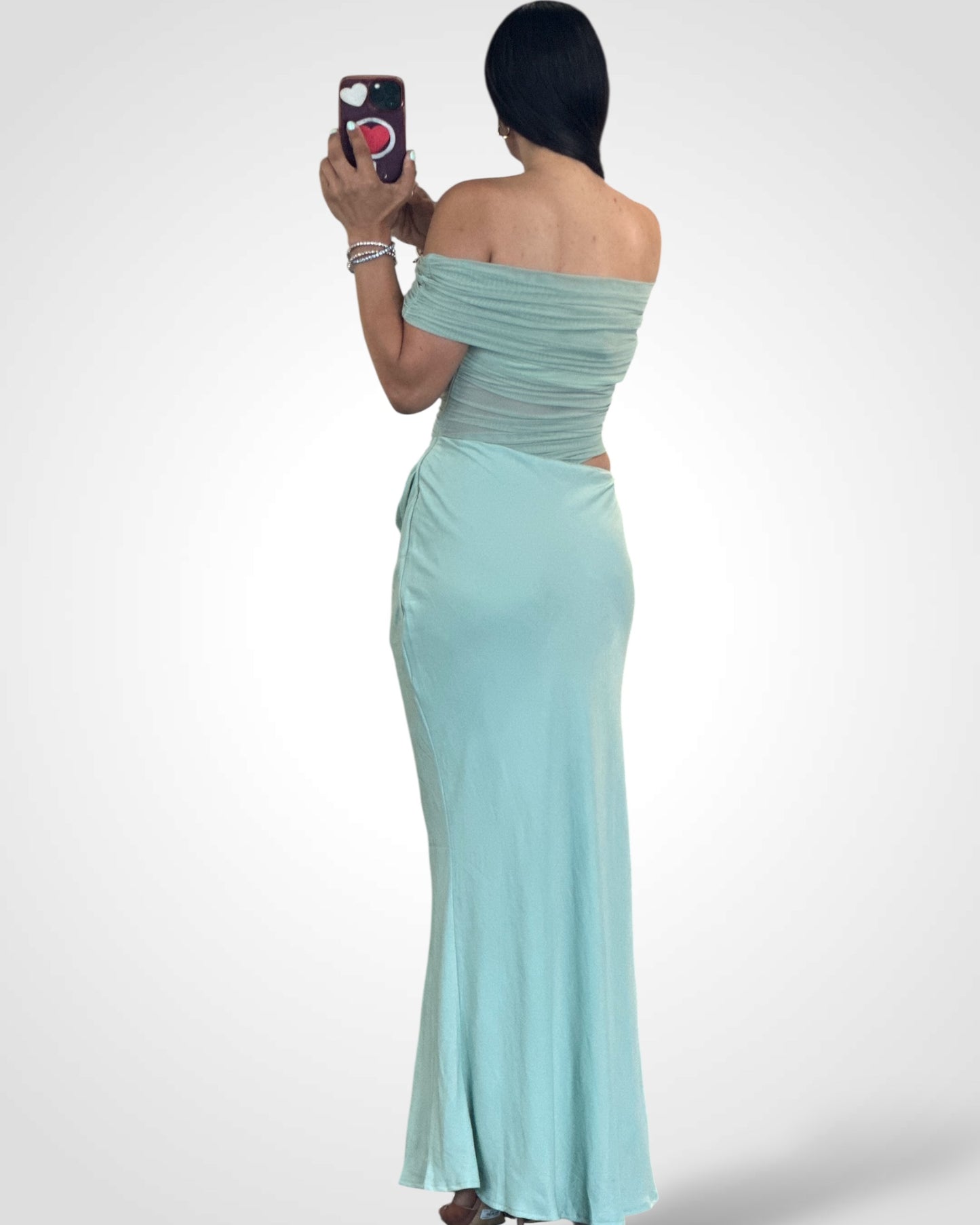 OFF SHOULDER SAGE MIDI DRESSc
