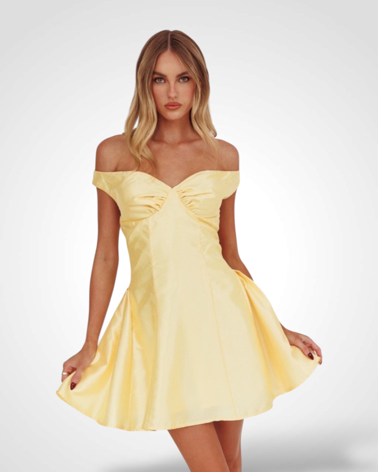 OFF THE SHOULDER SATIN MINI DRESS (SOFT BUTTER)• – Asterisco Boutique