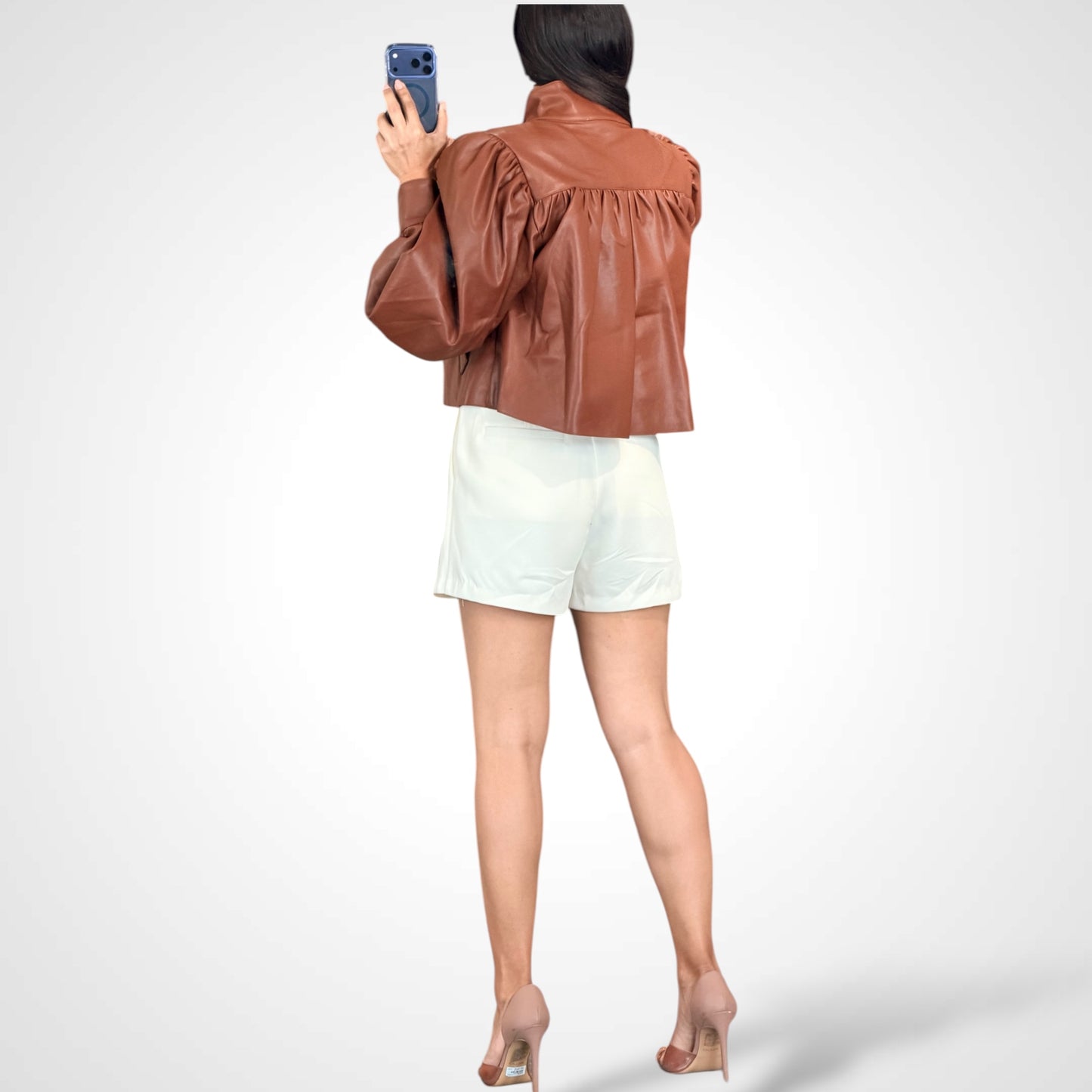 PUFF SLEEVE FAUX LEATHER CROP JACKET