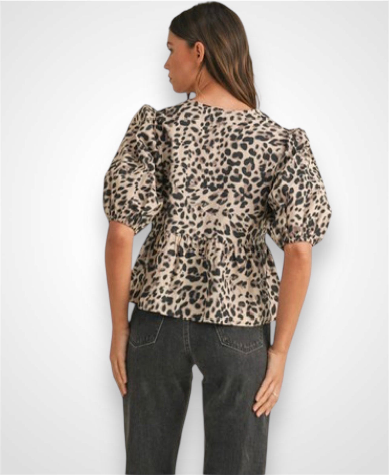 LEOPARD PUFF SLEEVE PEPLUM FRONT TIE TOP