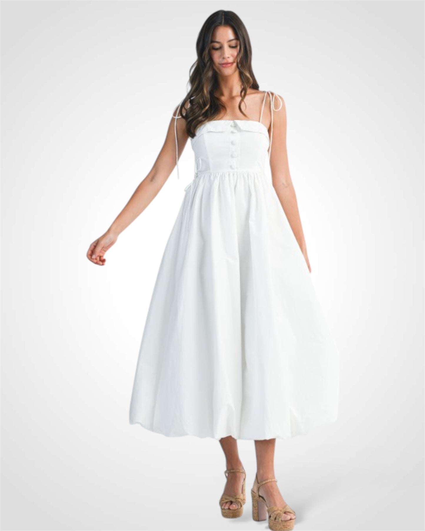 White Spagehtti Self Tie Strap Bubble Hem Midi Dress