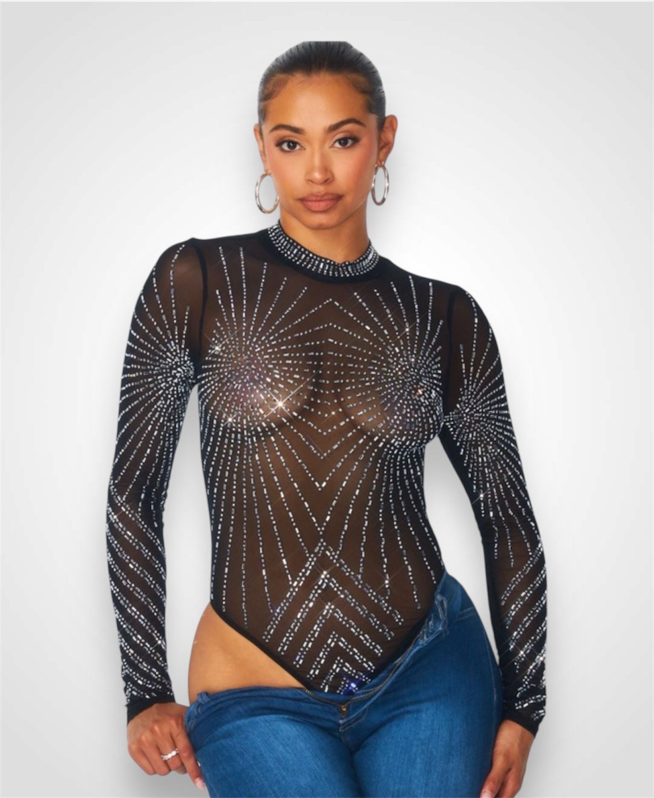 FIREWORKS RHINESTONE SHEER MESH BODYSUIT