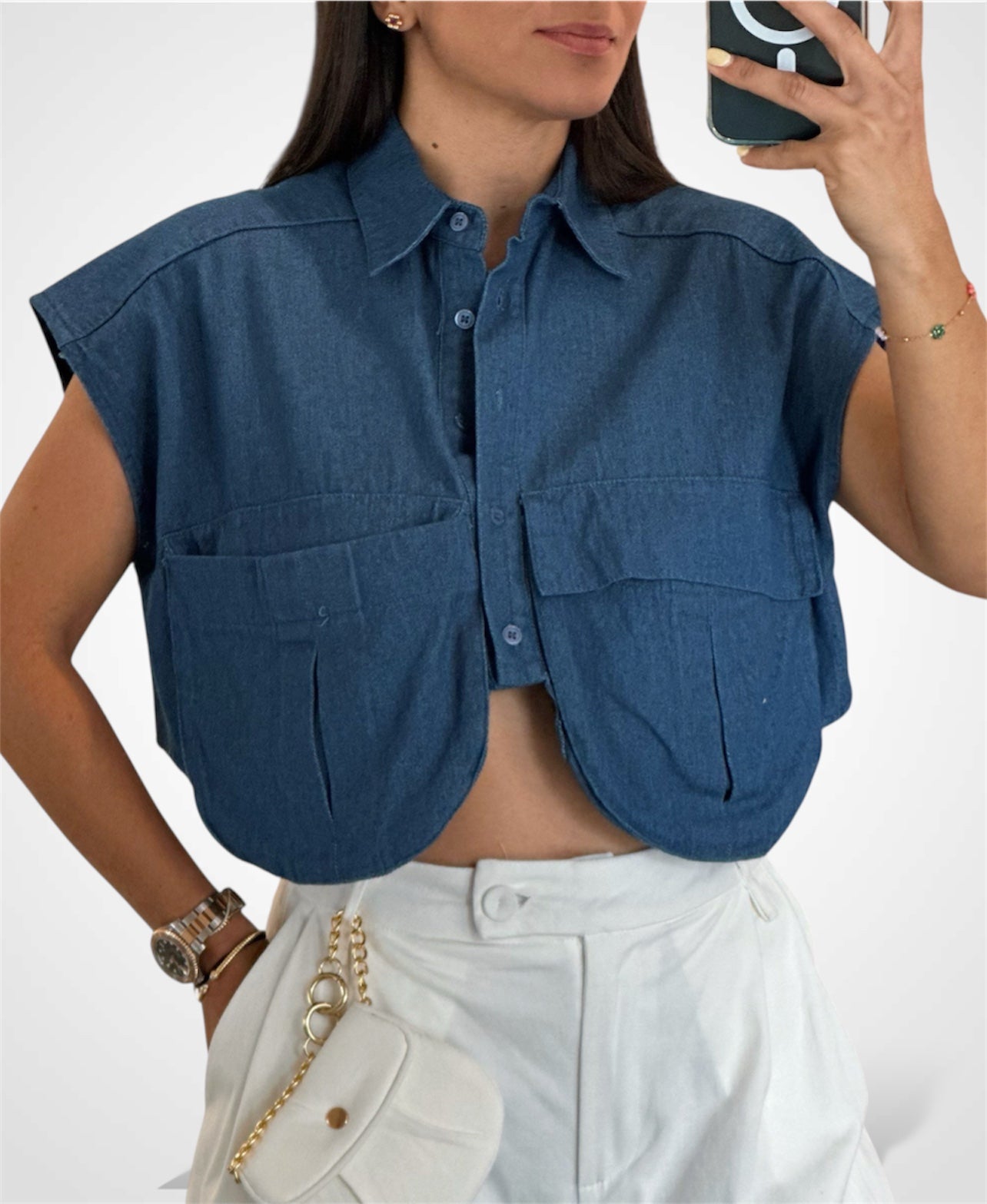 DARK DENIM CROPPED VEST BOUNDLESS WITH POCKETS