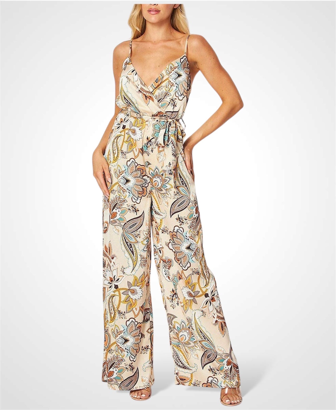 SLEEVELESS SURPLICE MULTI PRINT WIDE LEG JUMPSUIT