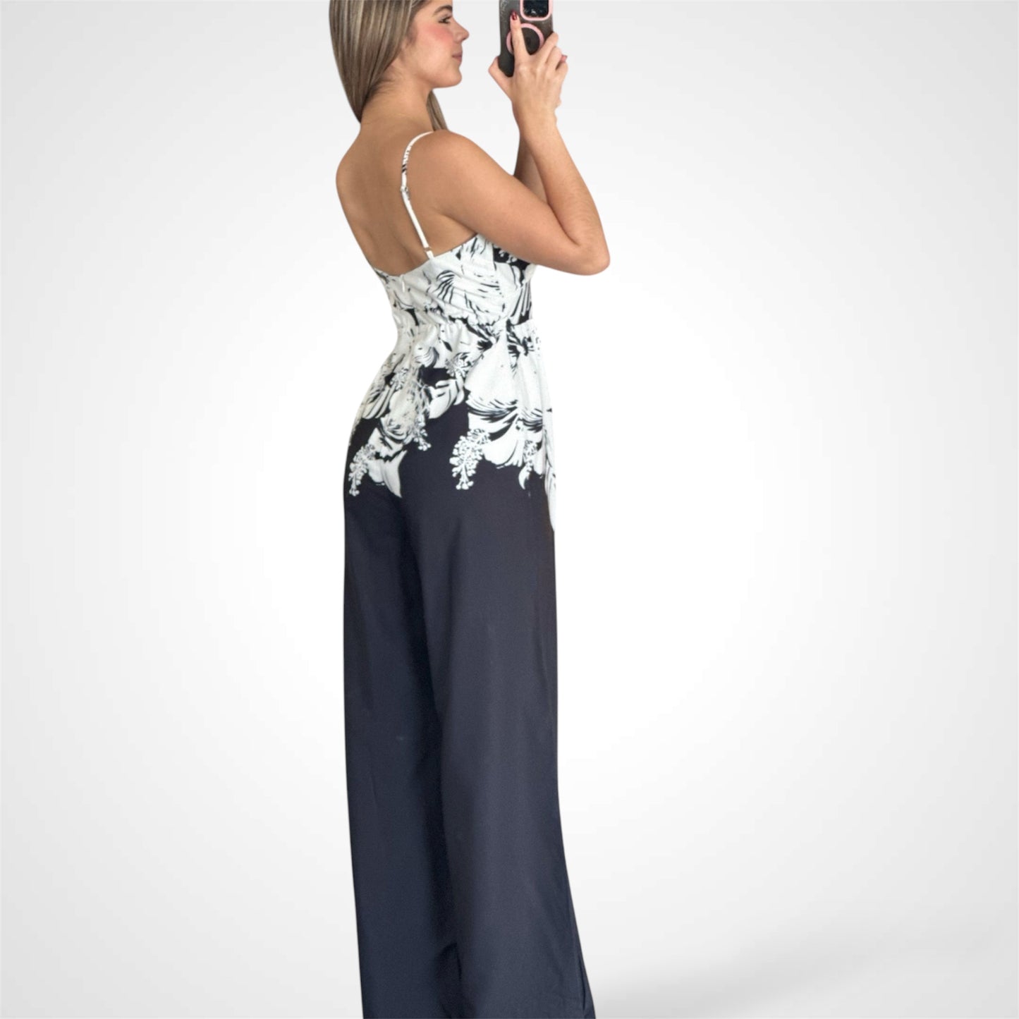 V-NECK BELTED MULTI PRINT WIDE LEG JUMPSUIT