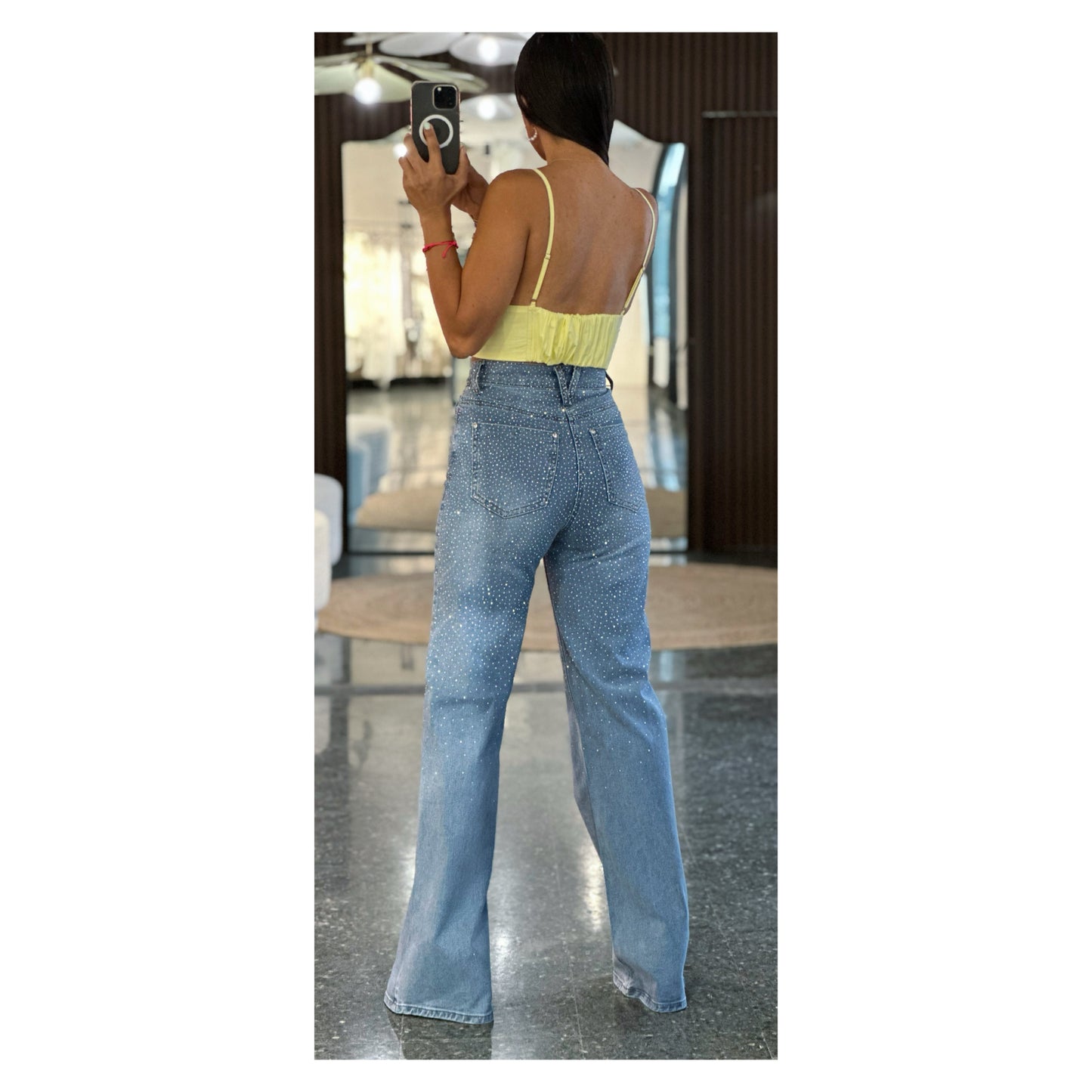 IRIDESCENT RHINESTONE HIGH-RISE WIDE LEG JEANS