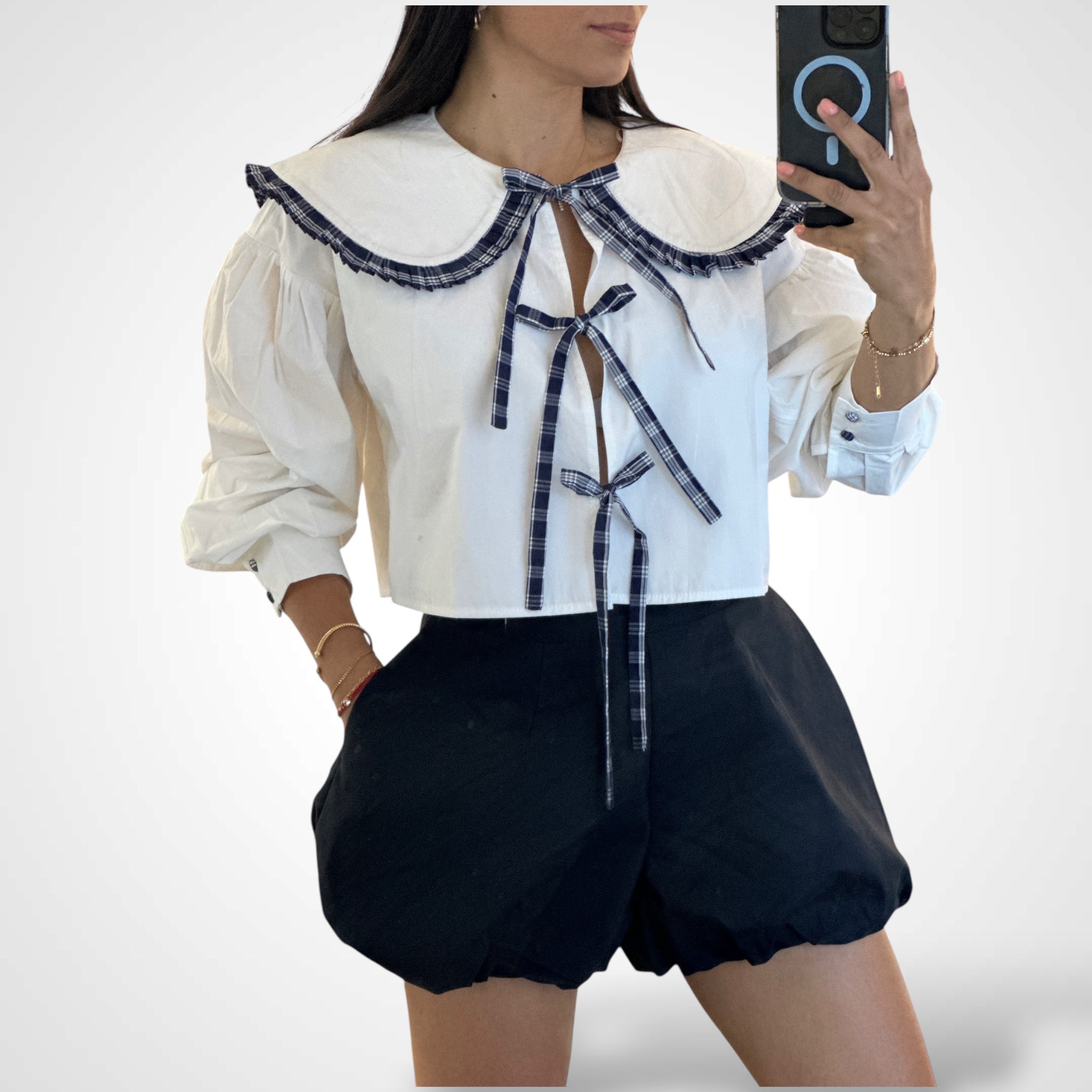LARGE BIB COLLAR WITH RUFFLE PLAID DETAIL BLOUSE
