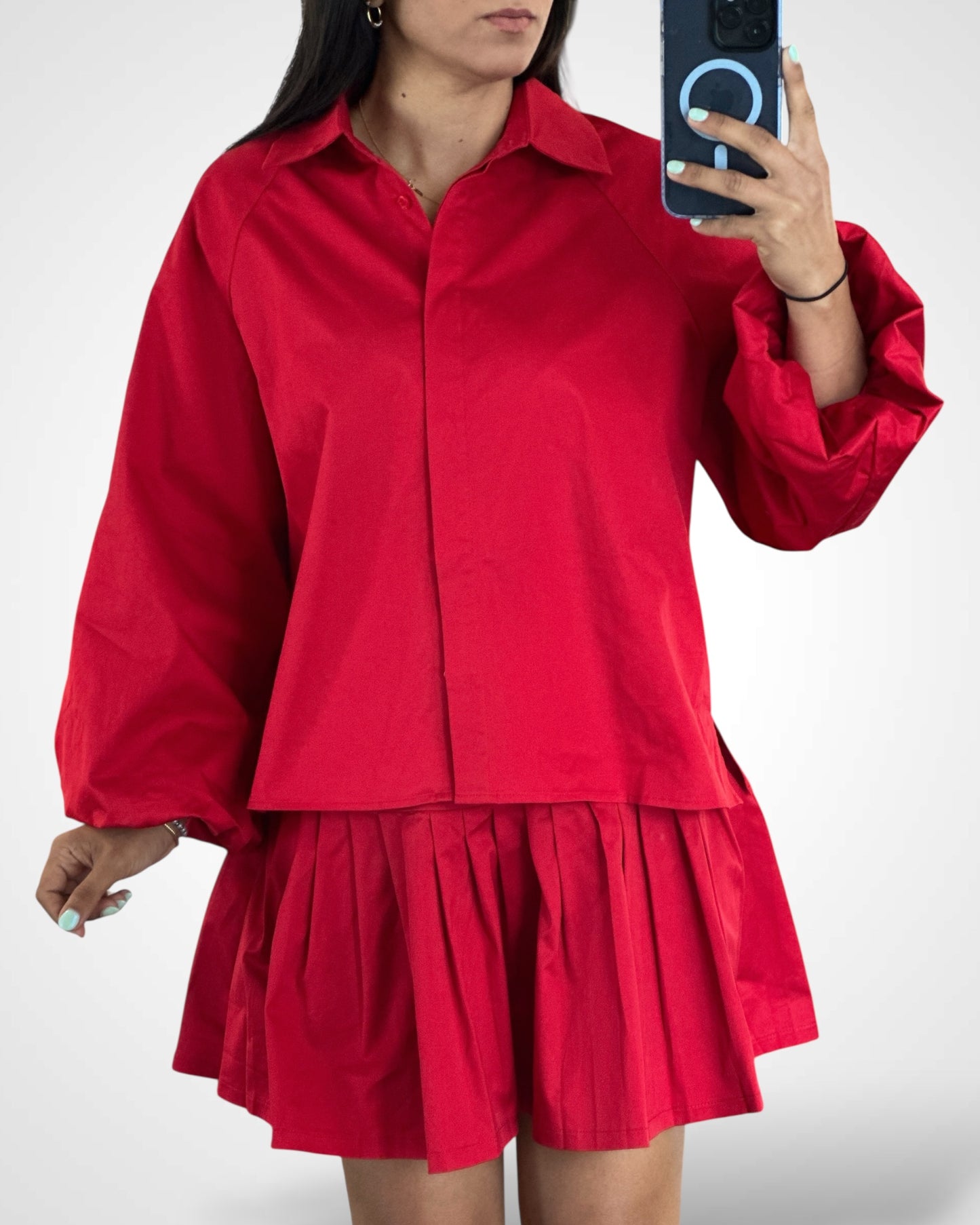 BUBBLE SLEEVE SHIRTS AND PLEATED SKIRT SET