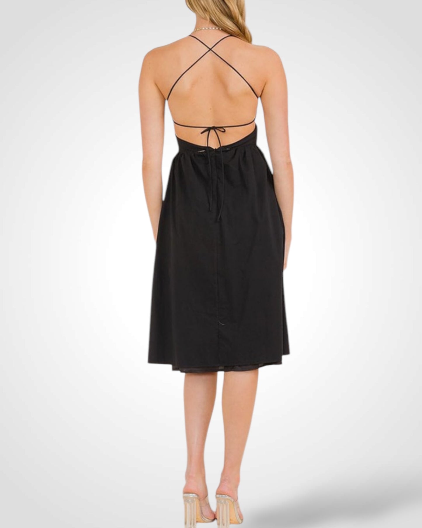 SOLID STRAP OPEN BACK FLARED KEYHOLE MIDI DRESS (BLACK)