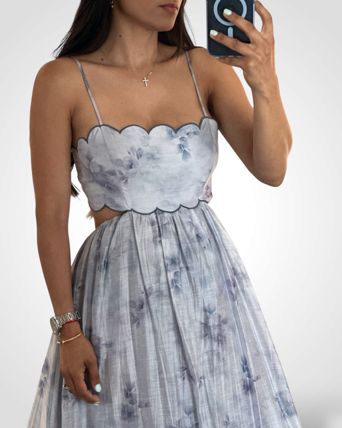 FLORAL PRINTED SCALLOP EMBO MIDI DRESS