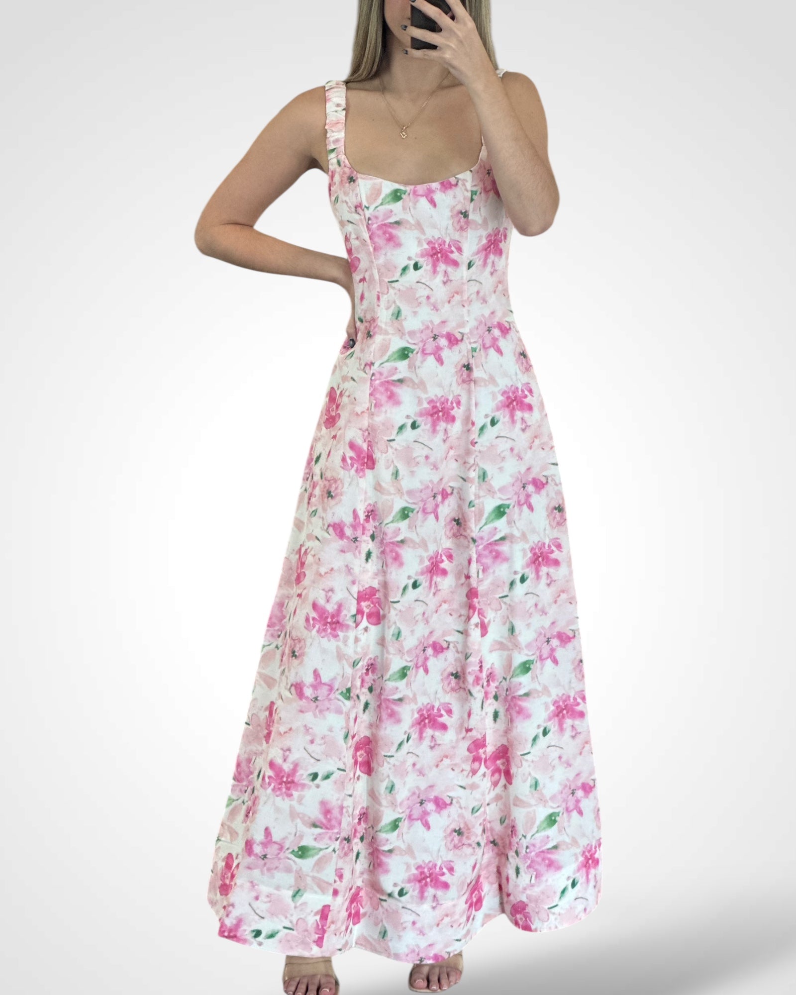 GATHERED FLORAL MAXI DRESS