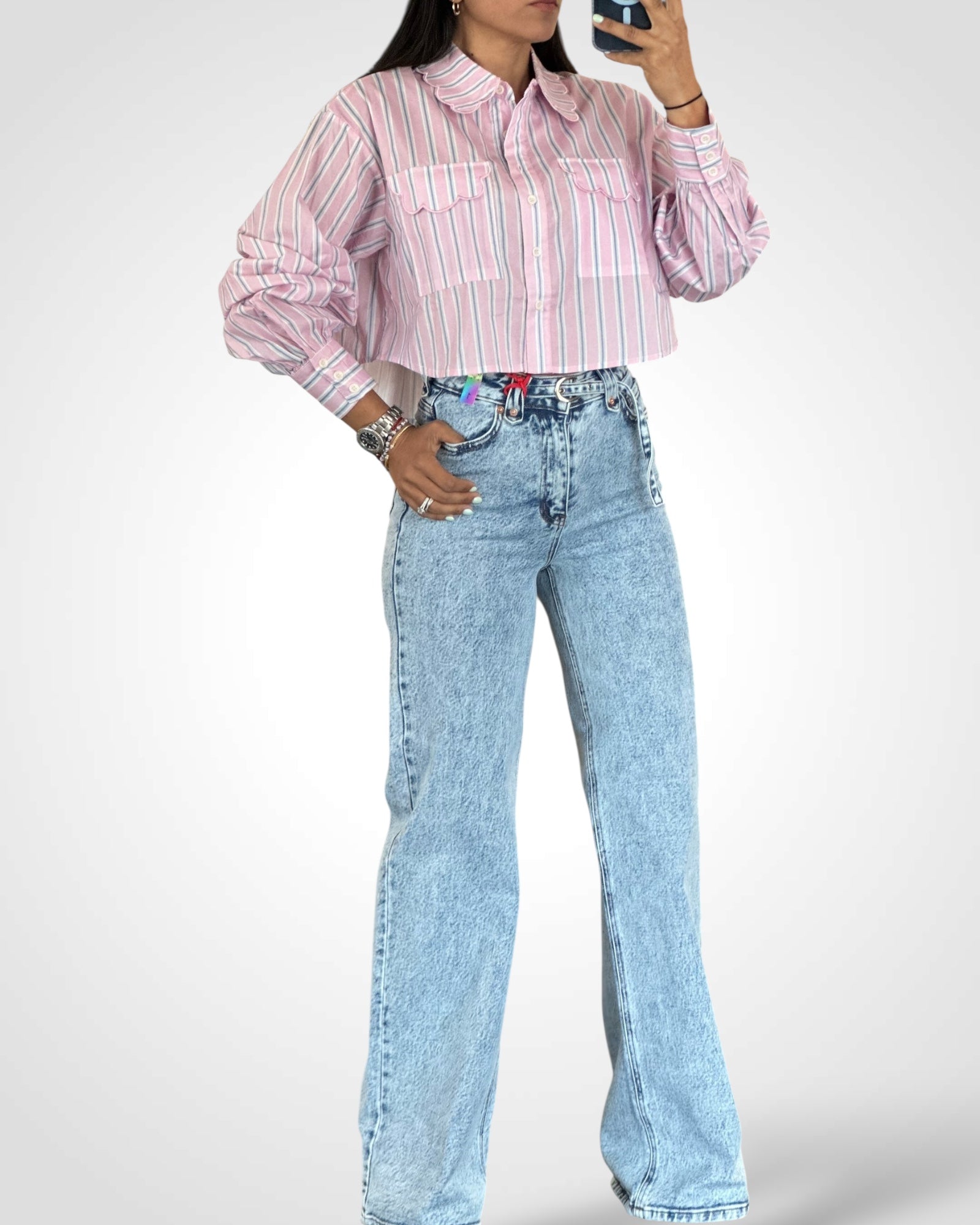 Pink Scallop Detail Pin Stripe Shirt