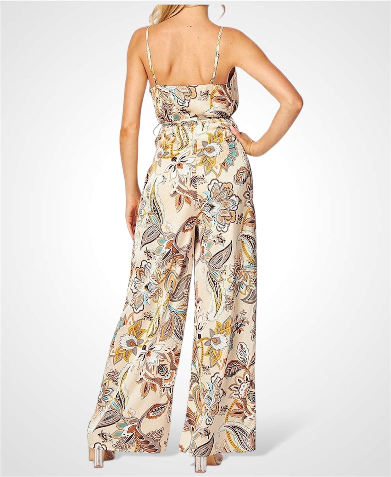 SLEEVELESS SURPLICE MULTI PRINT WIDE LEG JUMPSUIT