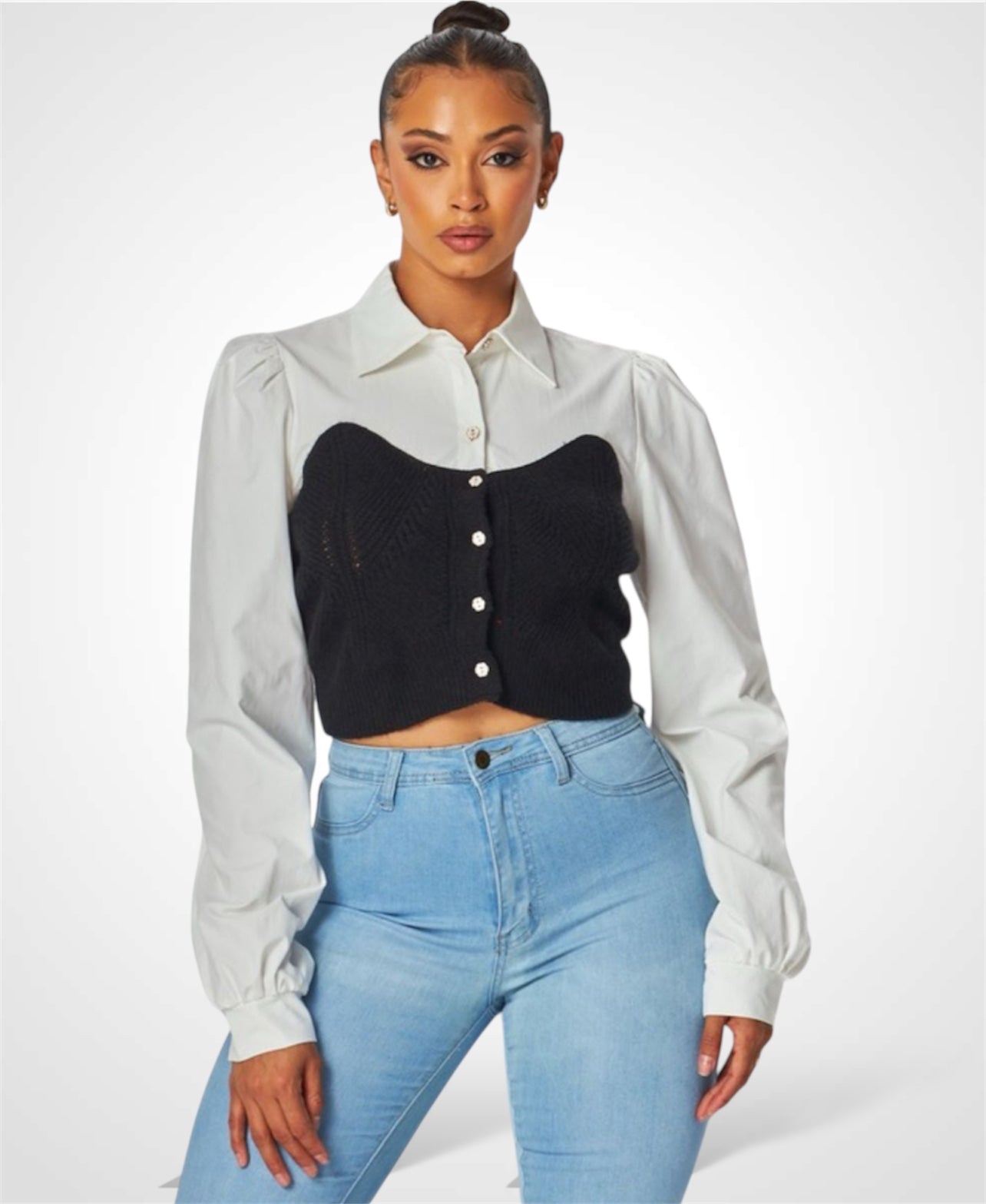 KELLEY KNIT SWEATER CONTRAST BUTTON UP BLOUSE