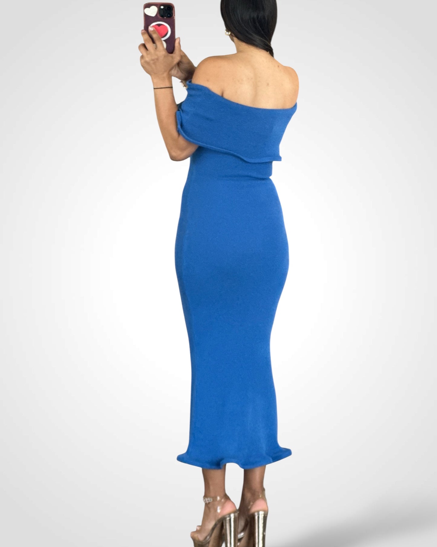 Blue Wavy Hem Off Shoulder Sweater Midi Dress