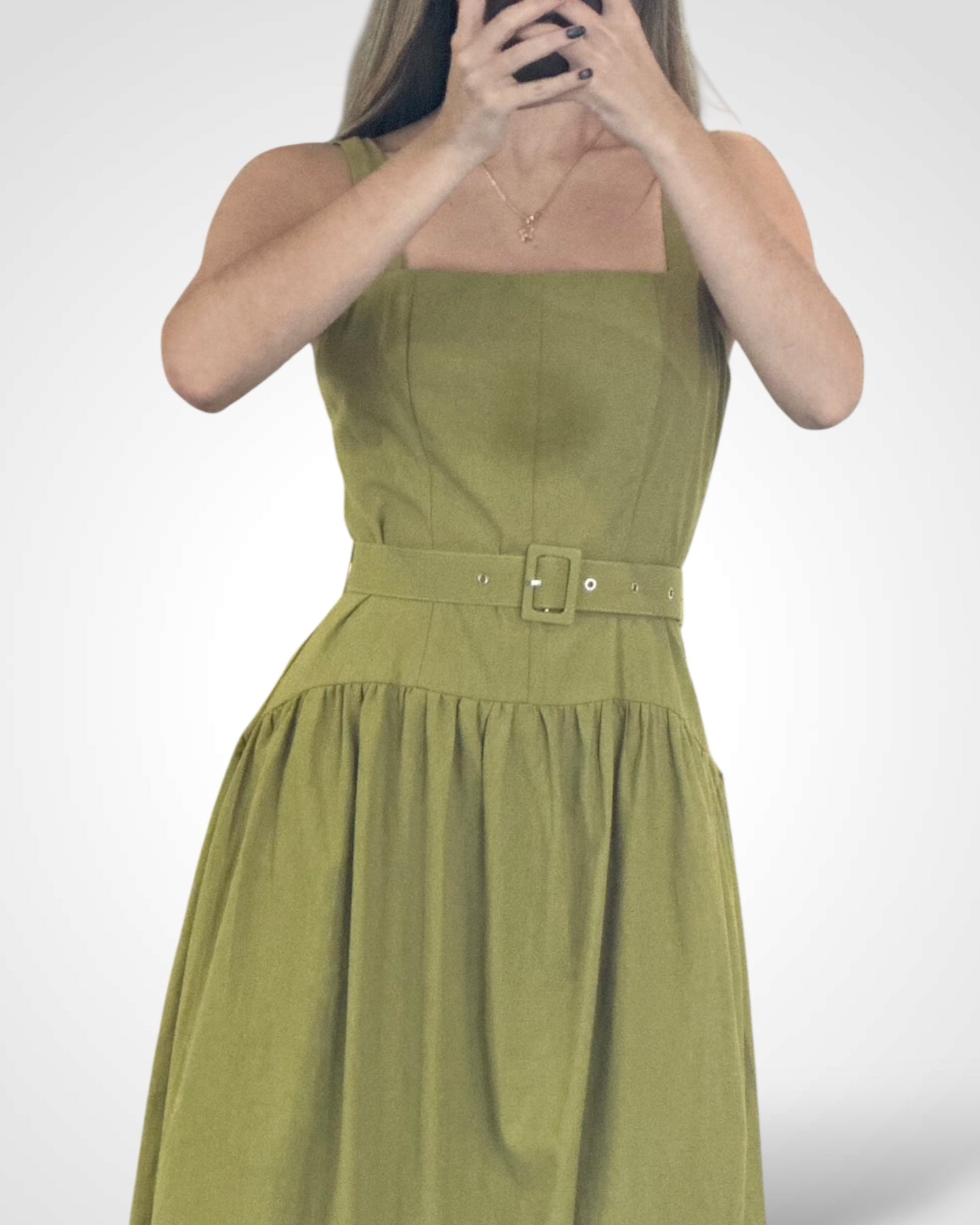 Olive Square Neck Poplin Midi Dress