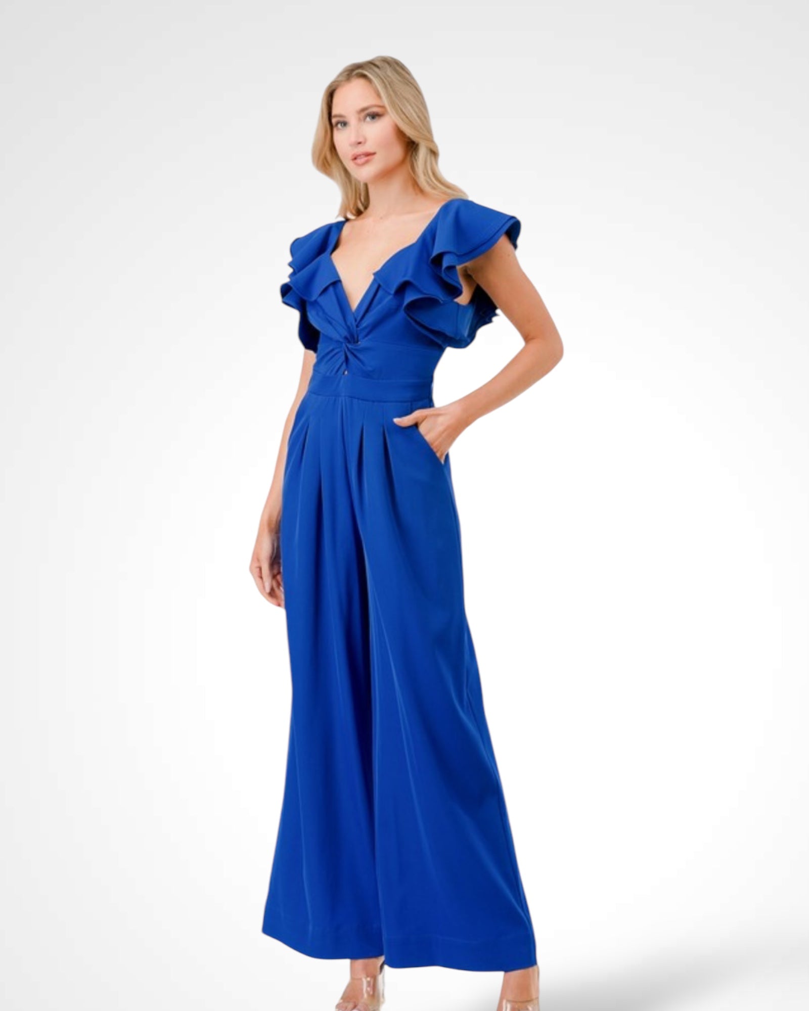 Blue Ruffle Detail Wide Leg Jumpsuit