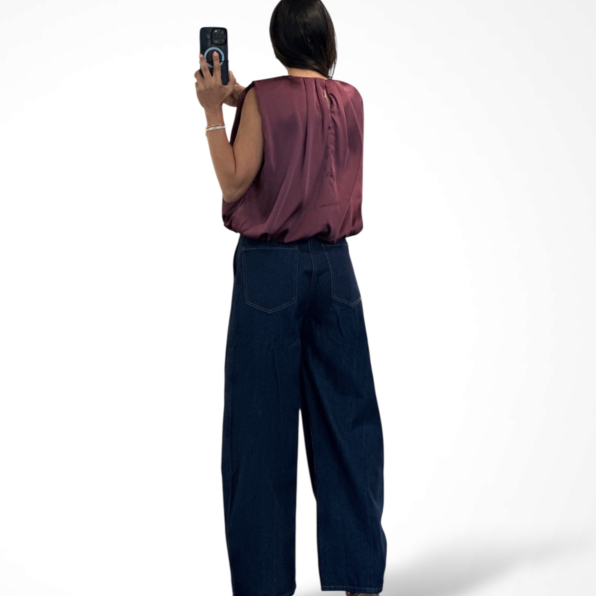 WINE SHOULDER PADDED PLEAT DETAIL SLEEVELESS TOP