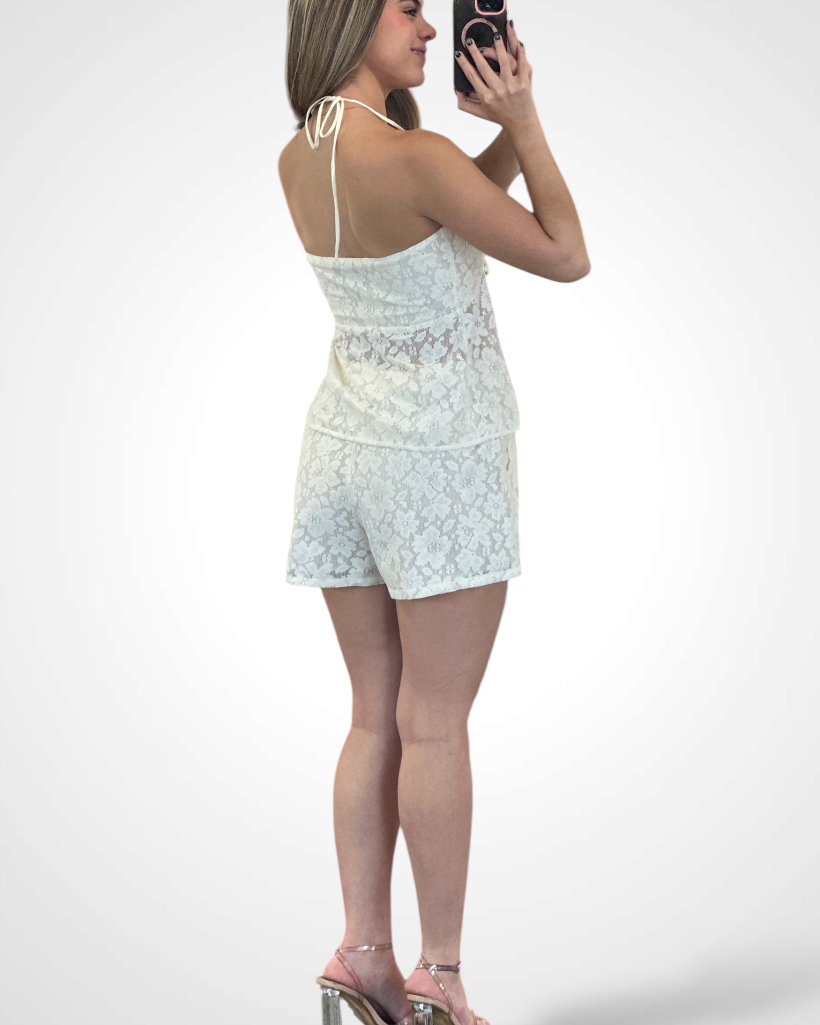 Lace Halter Tie Front Top