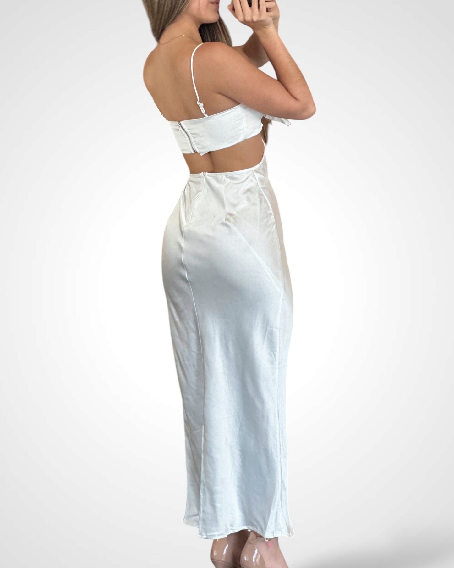 WHITE DIAMANTE BOW CUT OUT MAXI DRESS