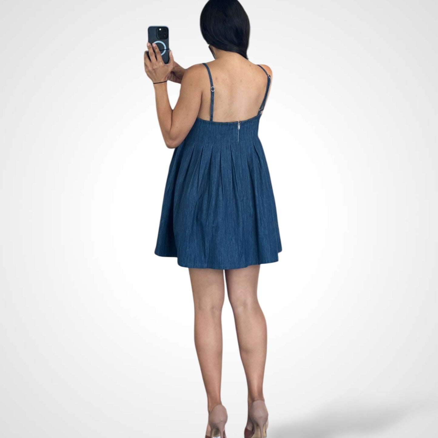 SJQ-Washed Denim Square Neck Casual Swing Mini Dress