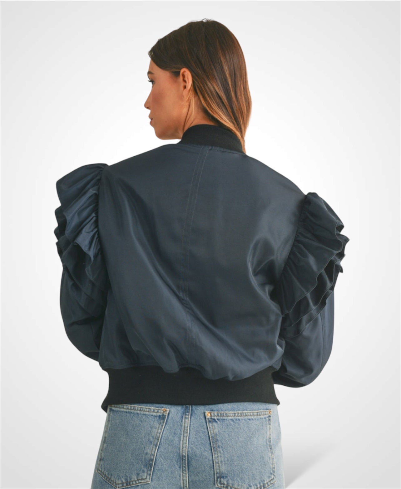 RUFFLED SLEEVE BOMBER JACKET