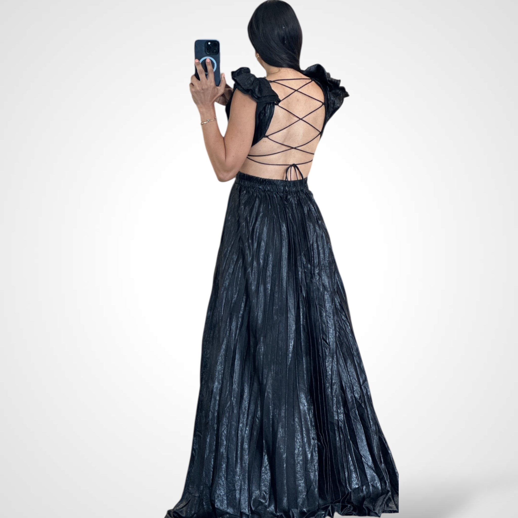 Black Metallic Pleated Maxi Dress