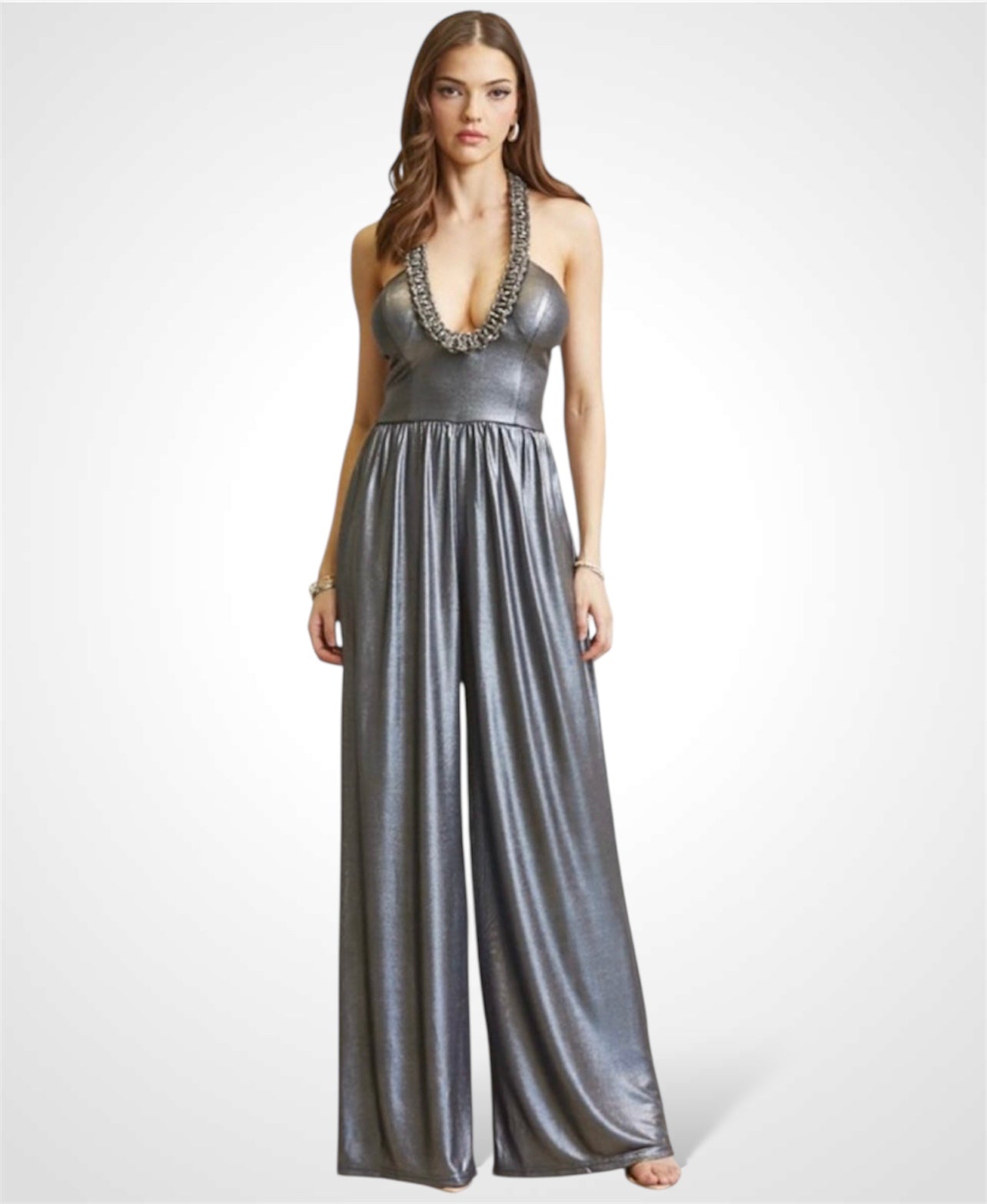 GUNMETAL BRAIDED RHINESTONE METALLIC JUMPSUIT
