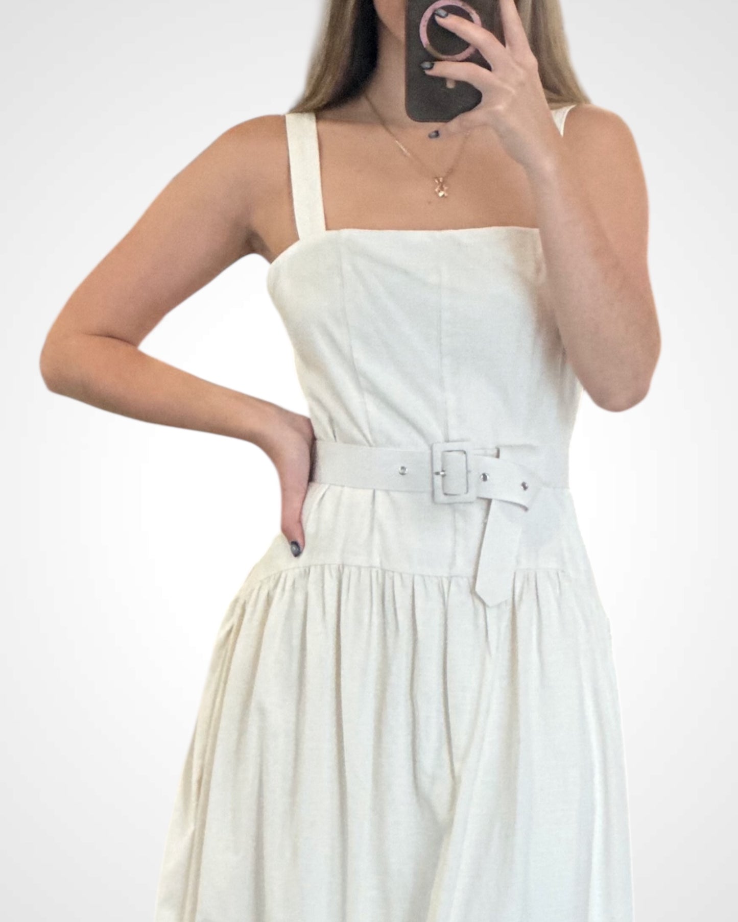 Light Beige Square Neck Poplin Midi Dress