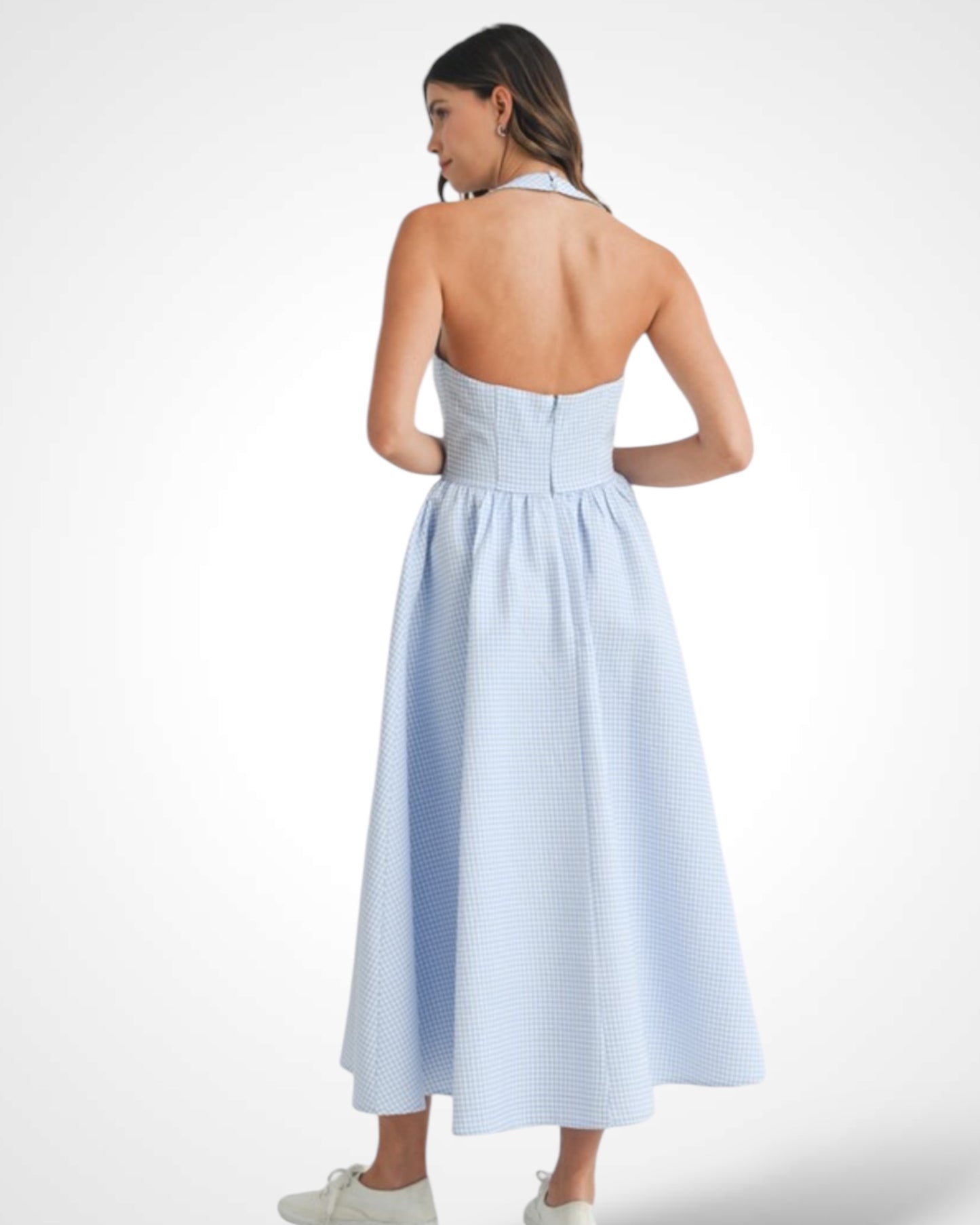 SJQ-GINGHAMN PLAID HALTER NECKLINE MIDI DRESS