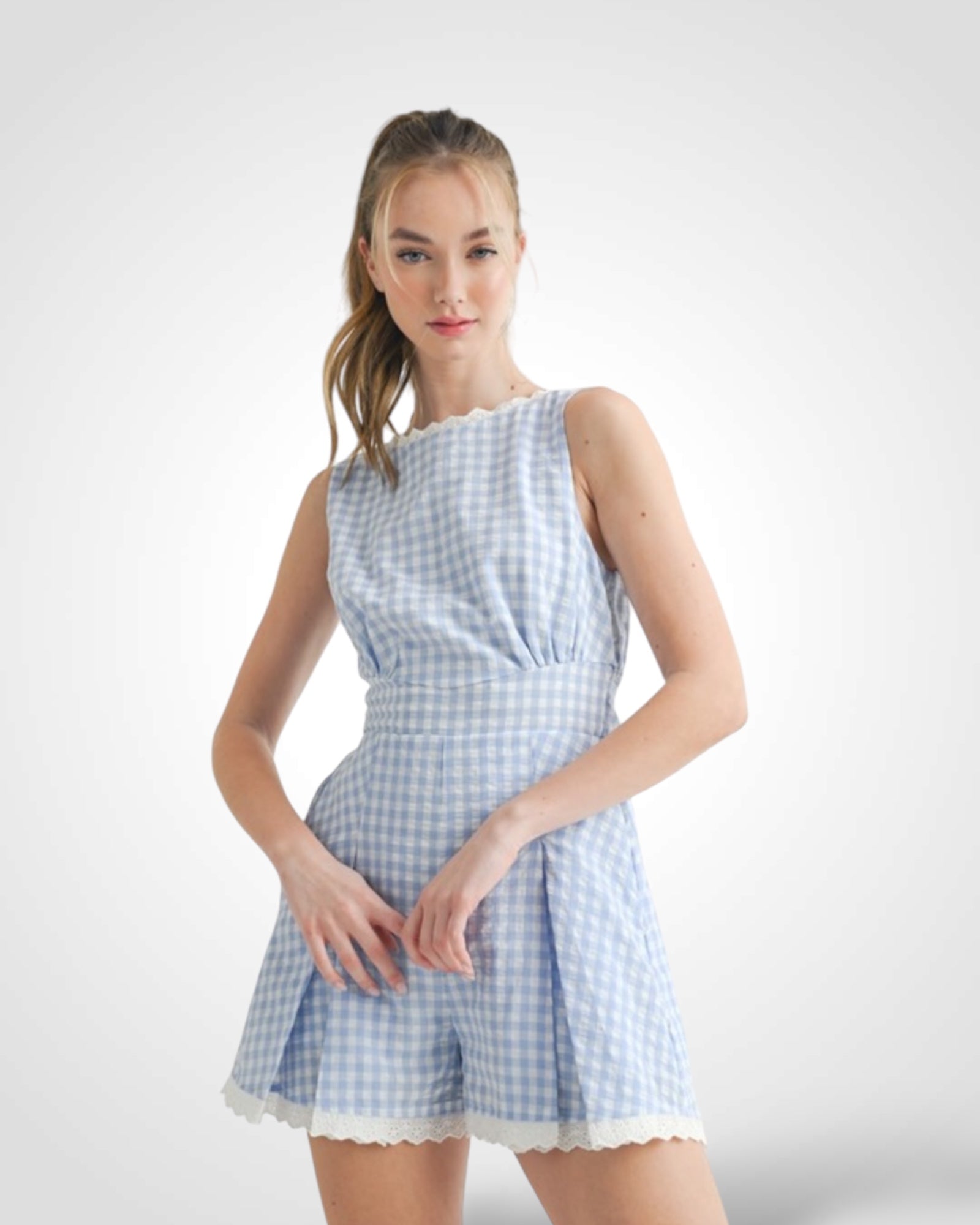 BLUE GINGHAM PLAID LACE TRIM ROMPER