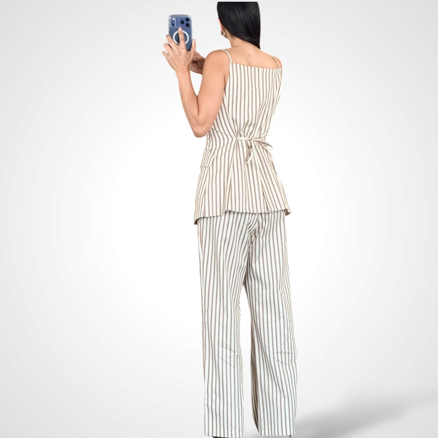 Blouse Button Closure Stripes Pants Colorblock Set