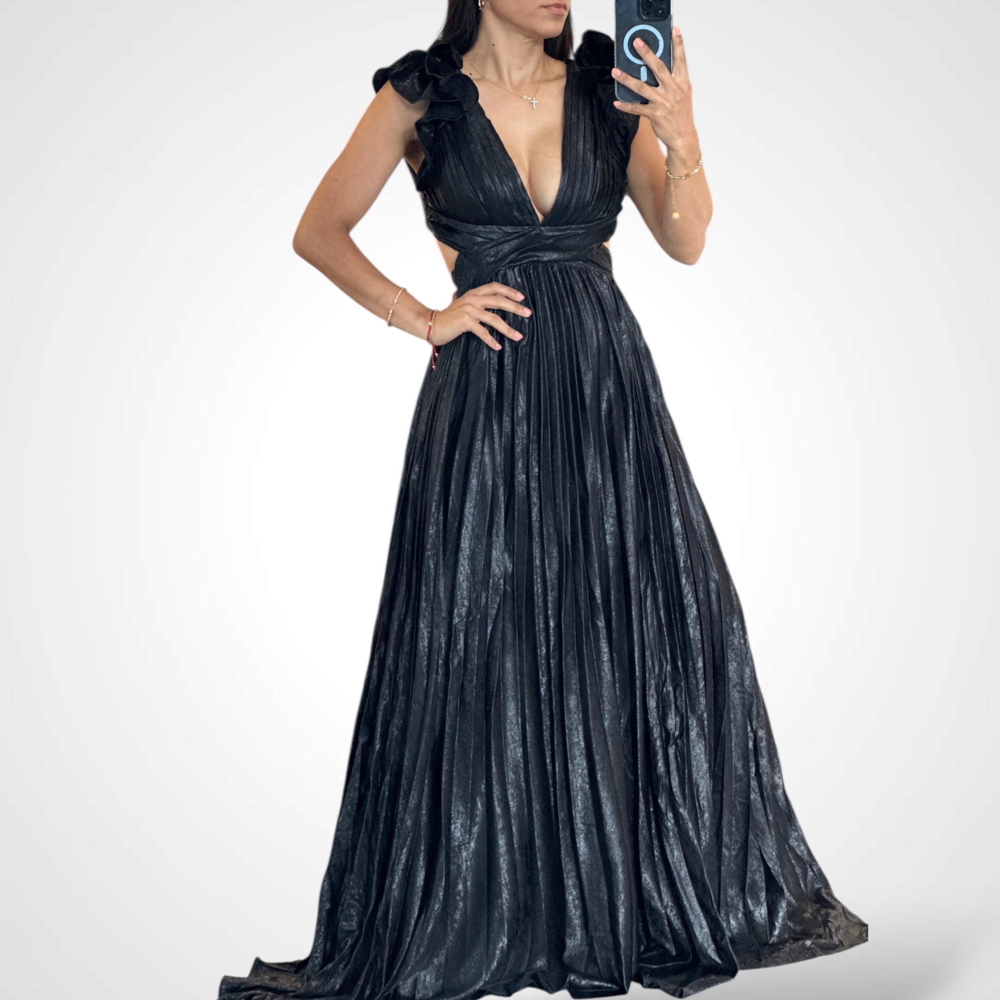 Black Metallic Pleated Maxi Dress