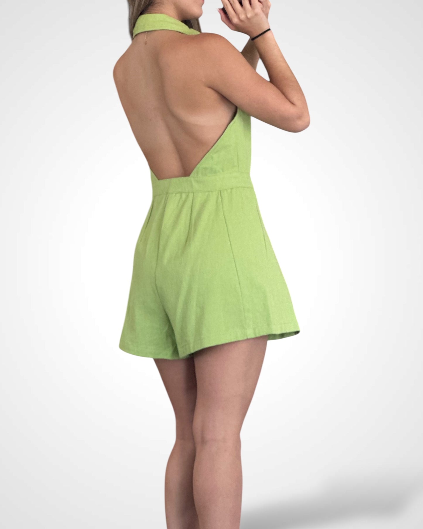 SOLID SNAP BUTTON UP FRONT TWILL HALTER ROMPER
