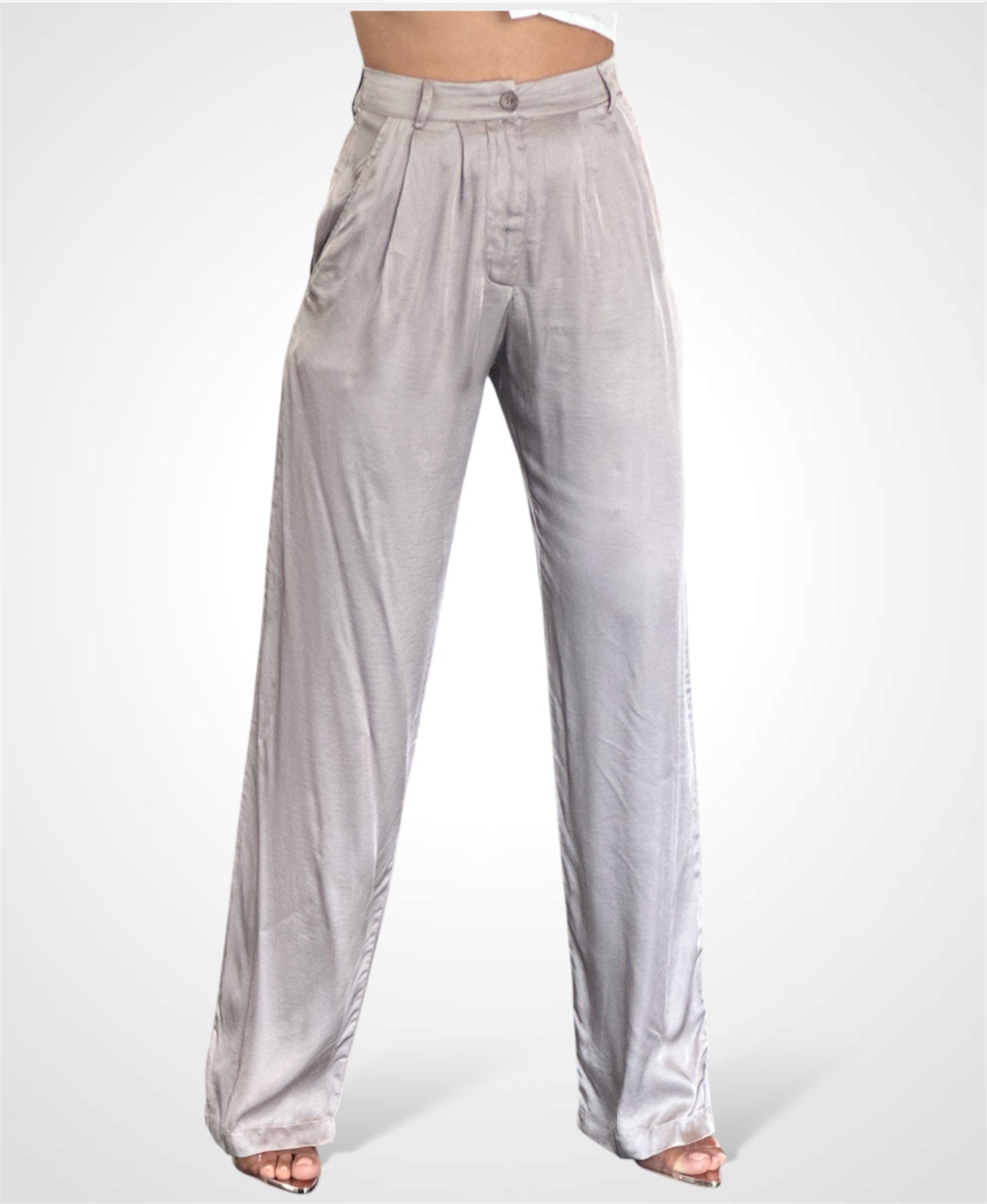 PLEATED POCKET DETAIL STRAIGHT SATIN PANTS