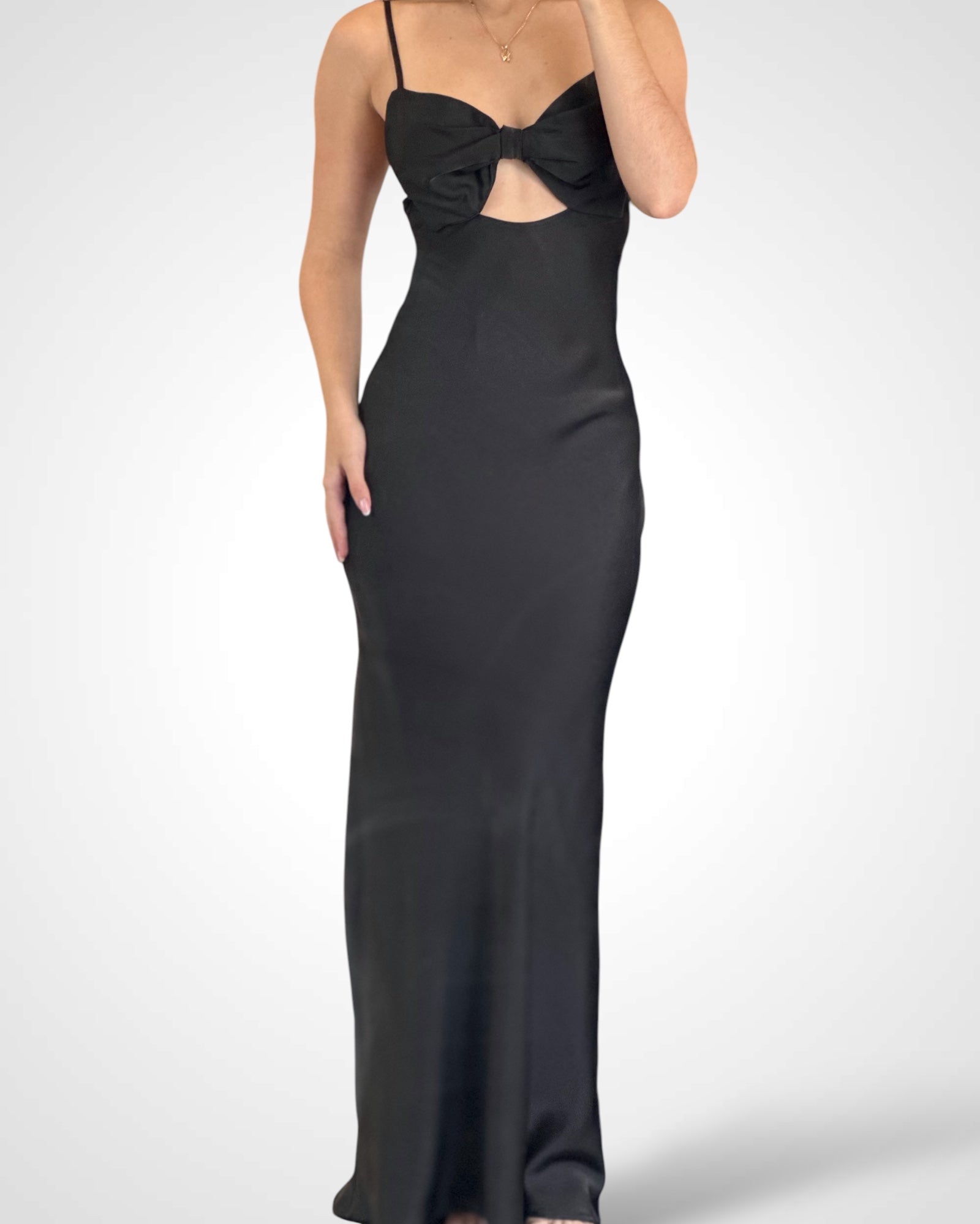 Oversized Bow Sweetheart Cut Maxi Dress - Black