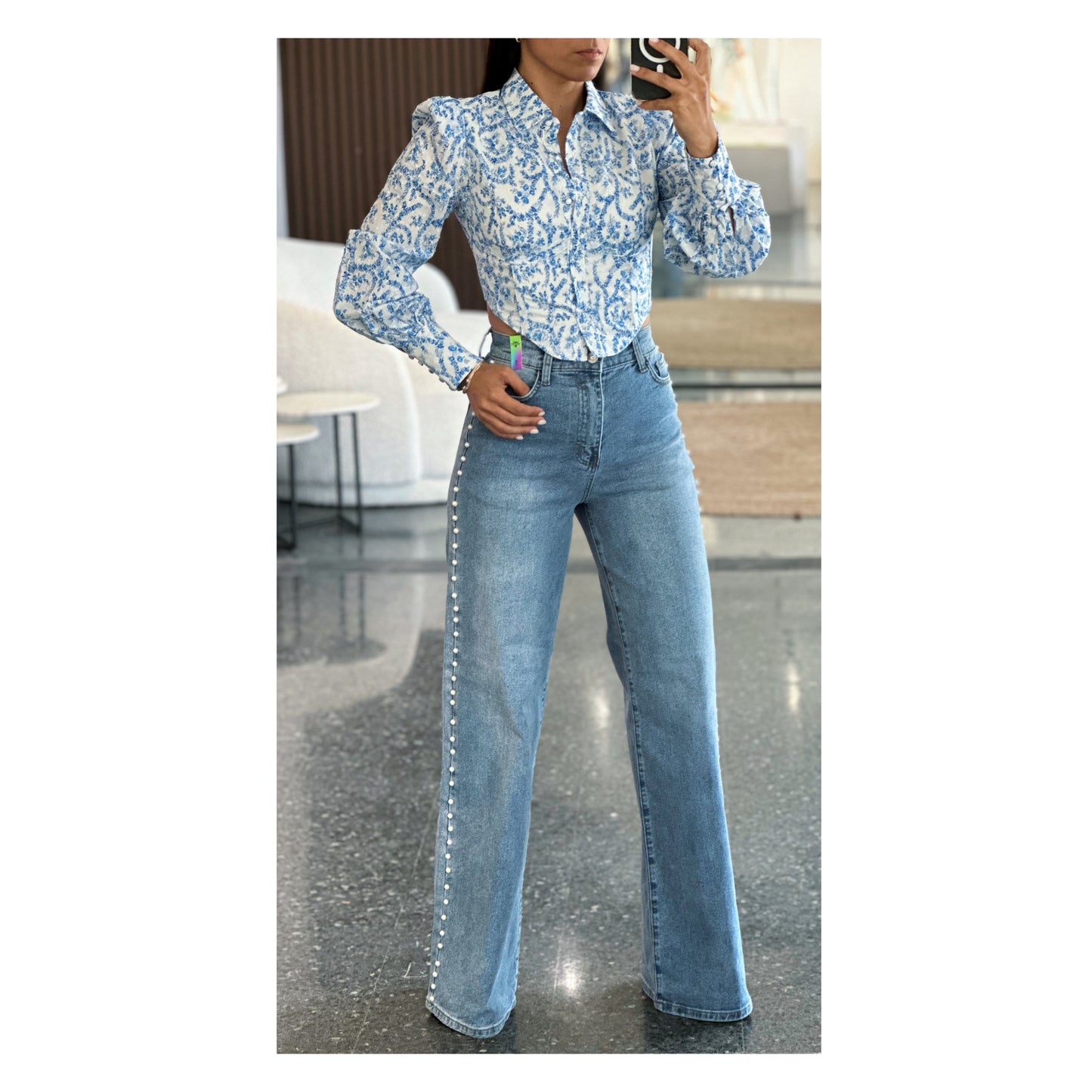 PEARL STUD HIGH RISE WIDE JEANS