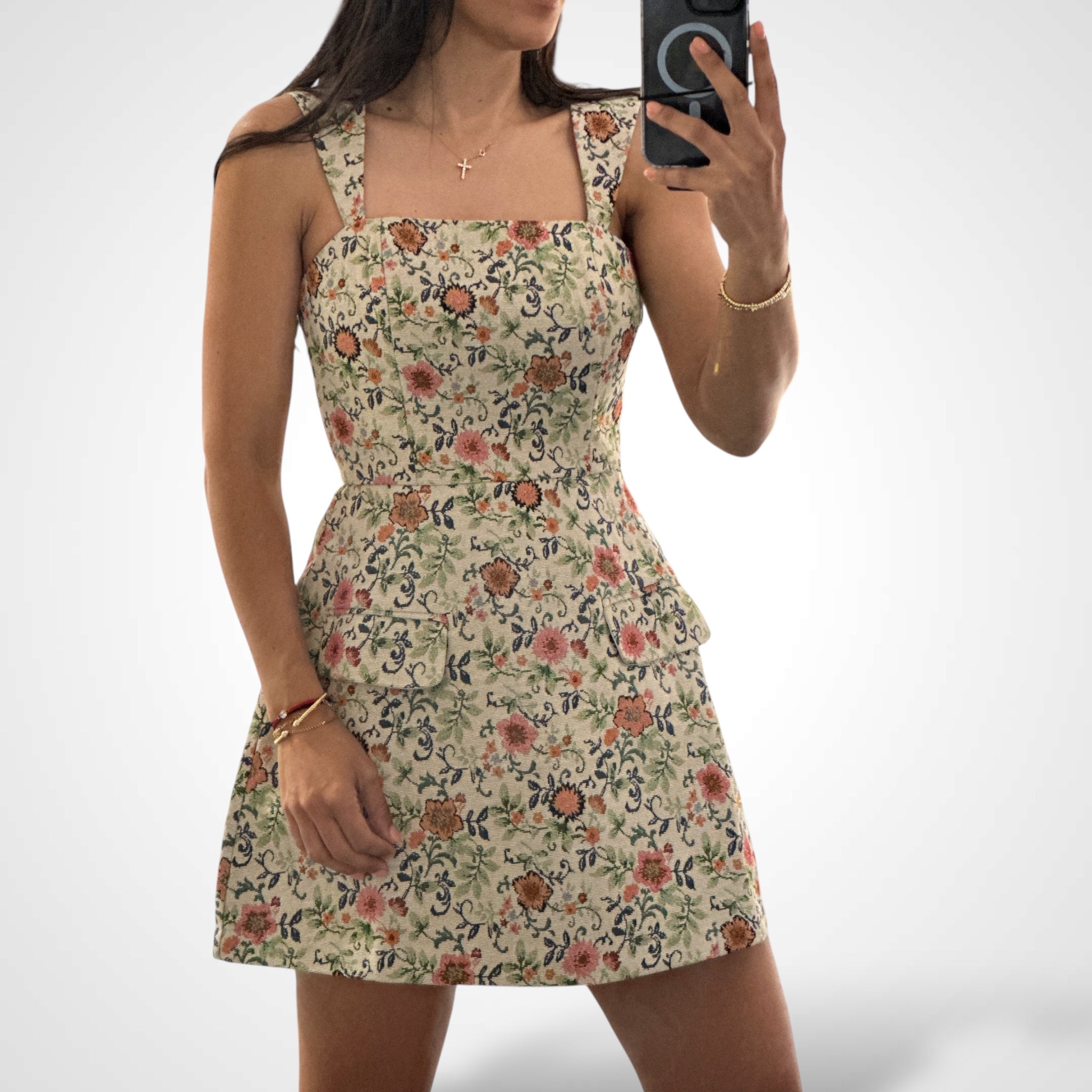 FLORAL JACQUARD STRAP SHOULDER MINI DRESS SKORT