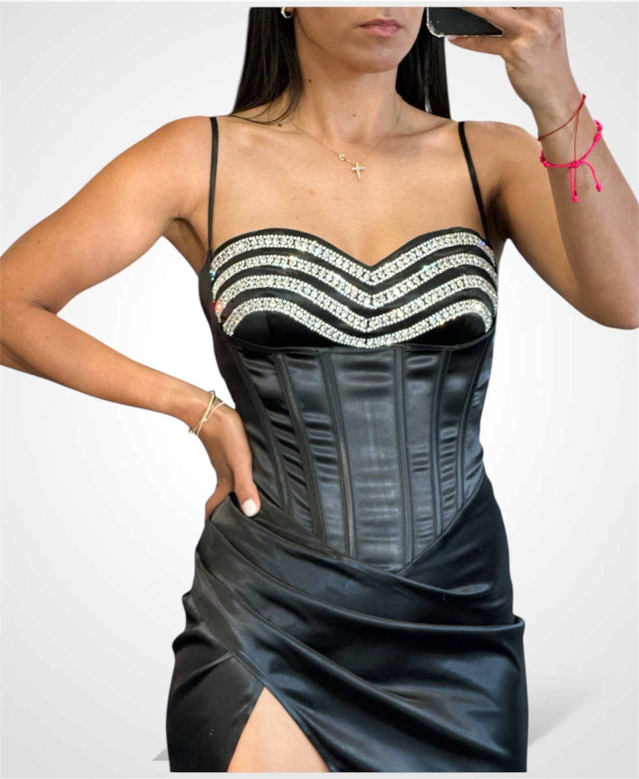 RHINESTONE CORSET SATIN MIDI DRESS