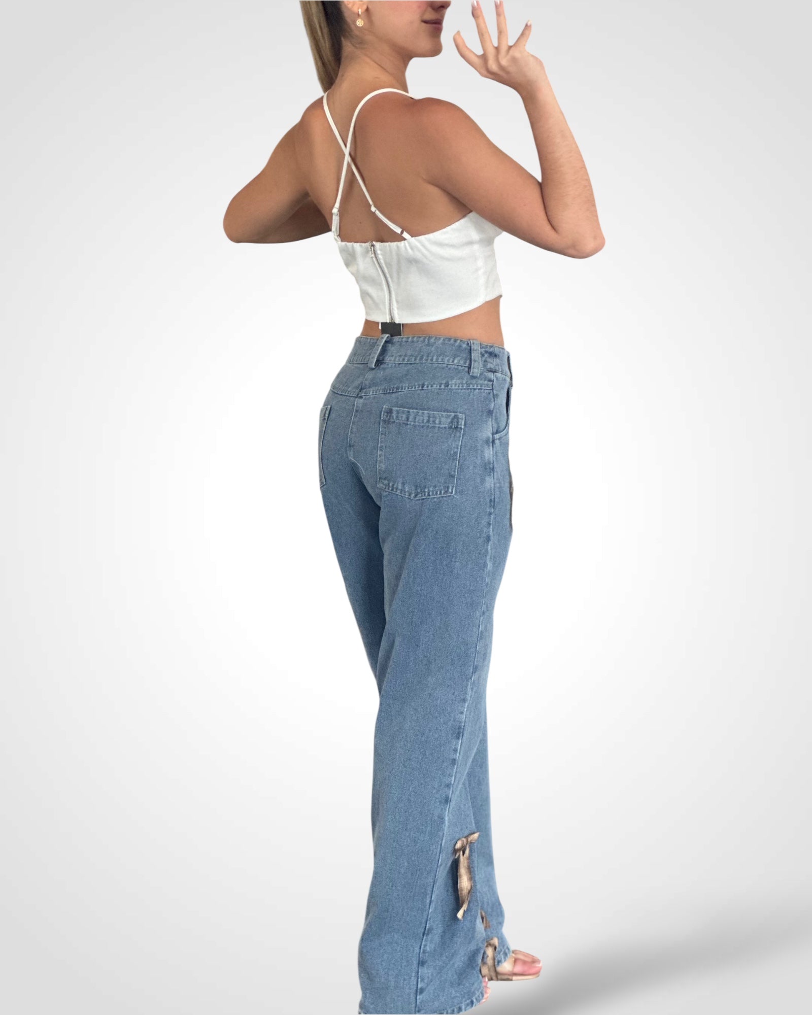 PLAID BOW DETAIL DENIM PANTS