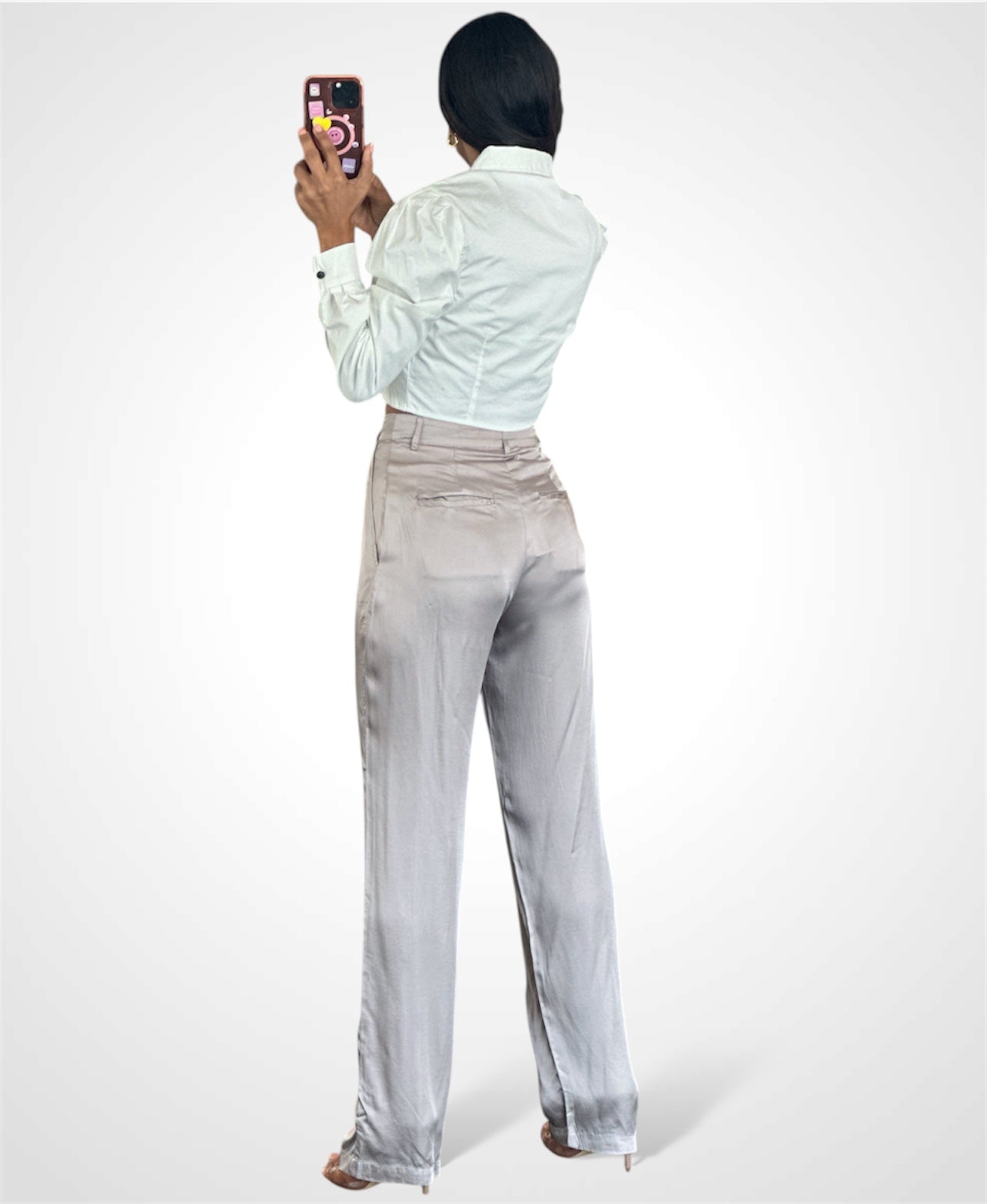 PLEATED POCKET DETAIL STRAIGHT SATIN PANTS