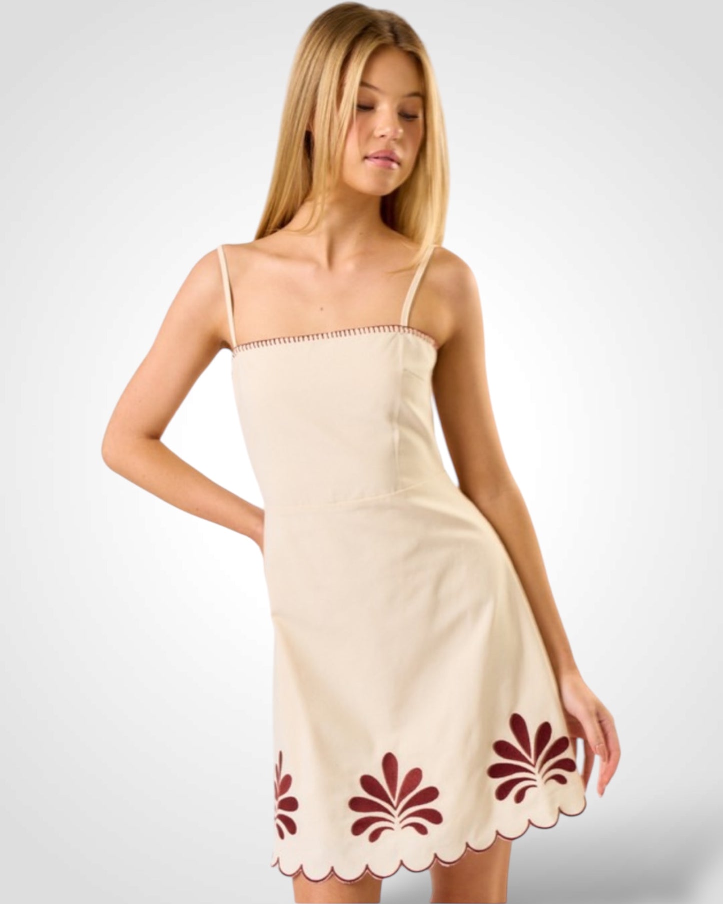 LINEN EMBROIDERY DETAIL MINI DRESS