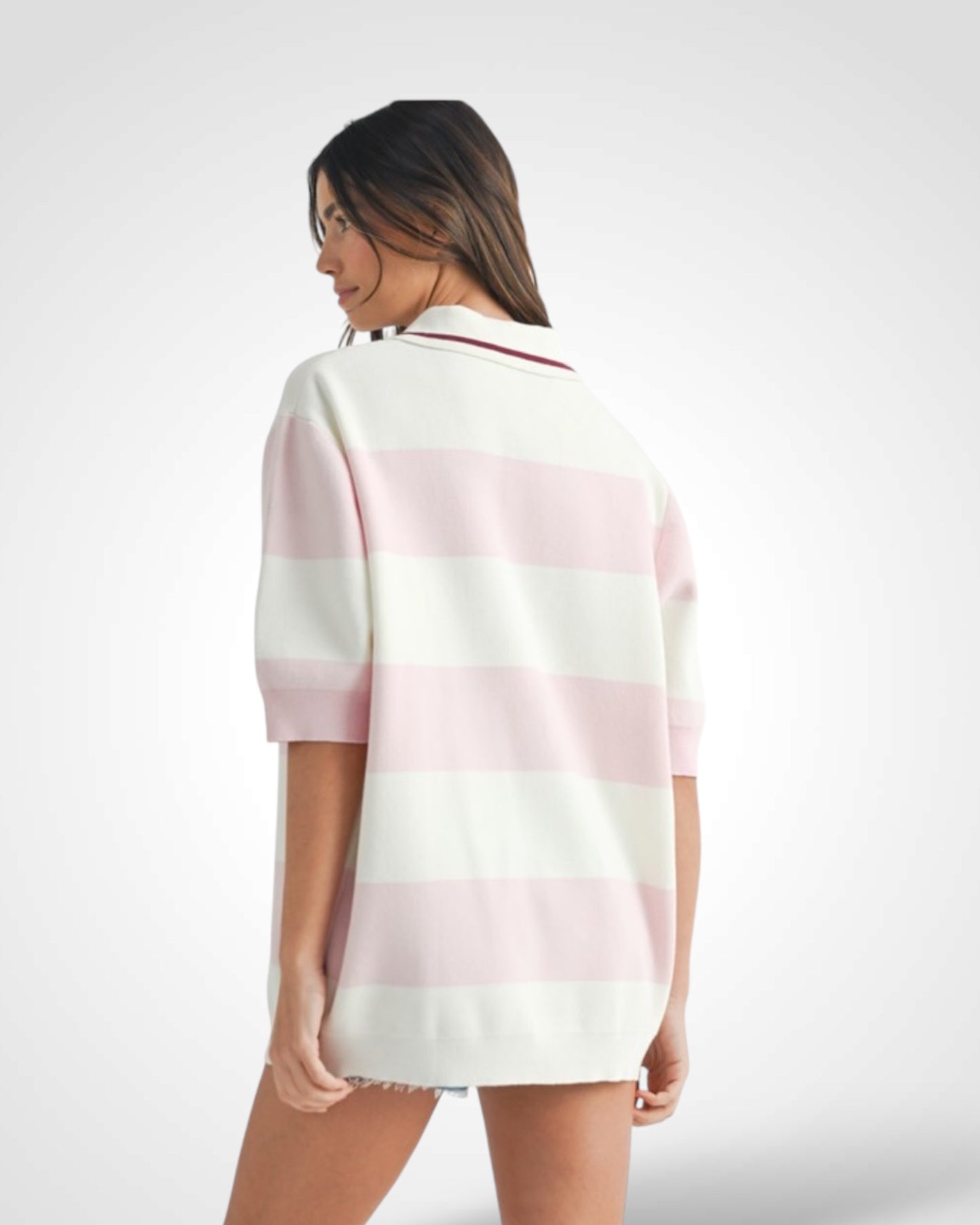 OVERSIZED STRIPE POLO COLLAR SWEATER TOP