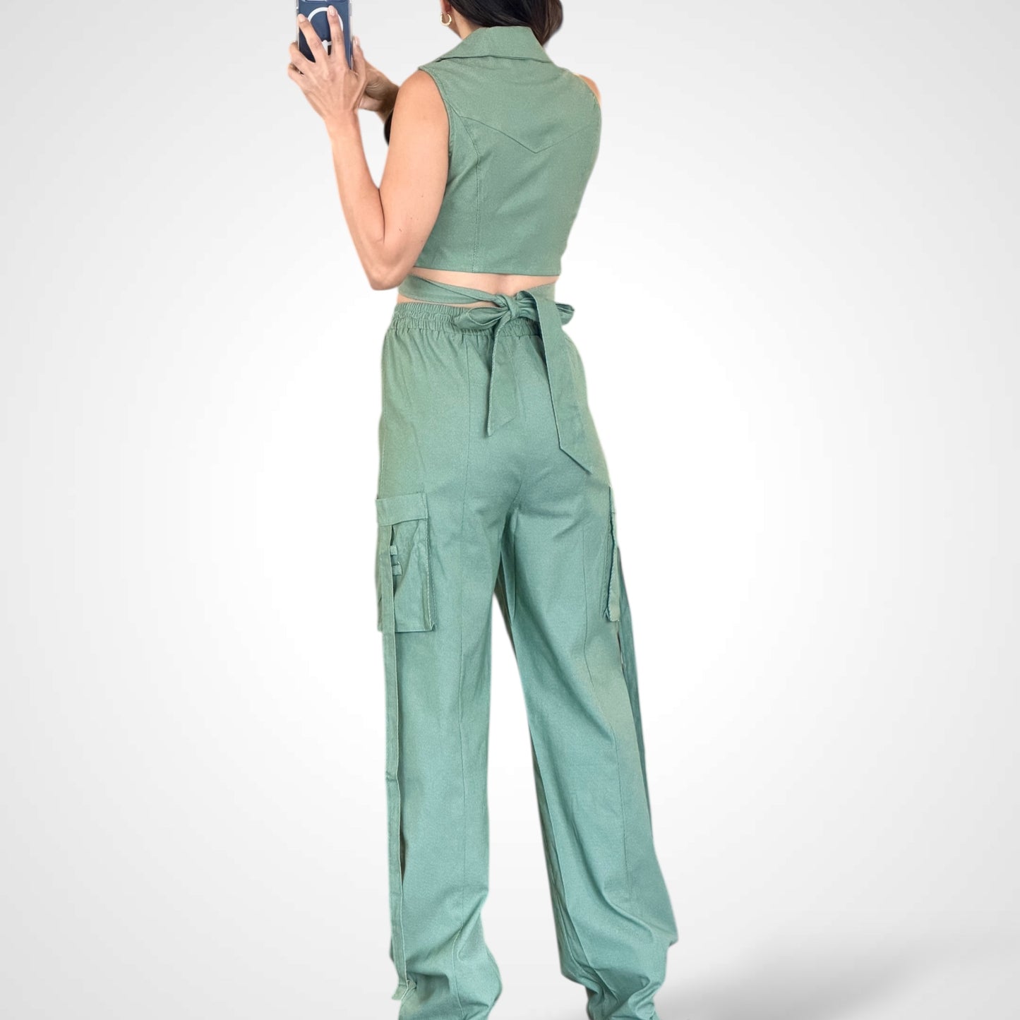 Wrap Crop Top & Elastic Waist Pants Denim 2pc. Set