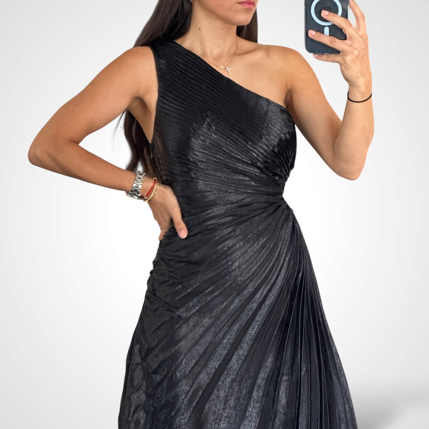 Black Metallic Pleated One S Dress